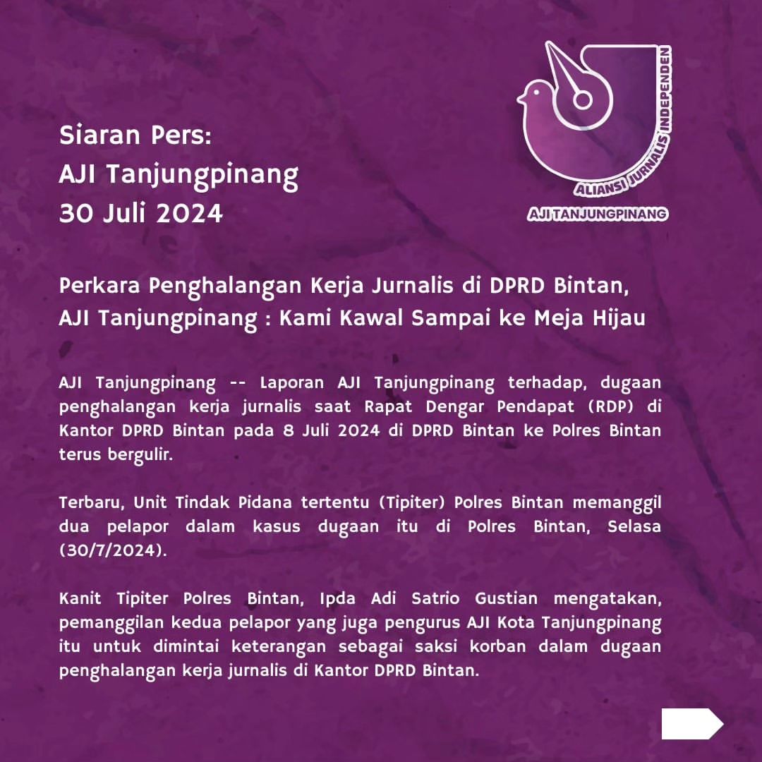 AJI Tanjungpinang Terus Kawal Kasus Penghalangan Kerja Jurnalis di DPRD Bintan