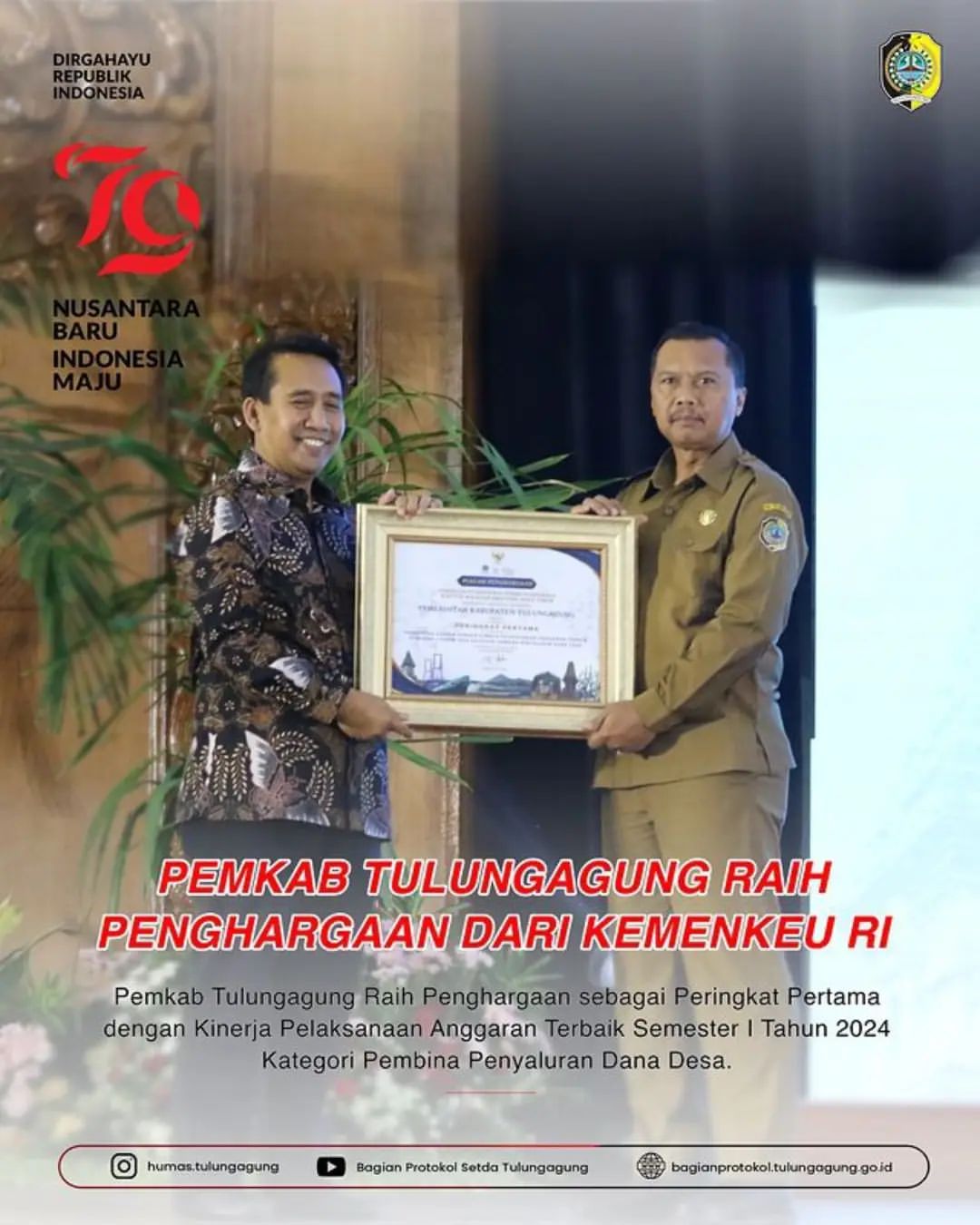 Pemerintah Kabupaten Tulungagung Raih Penghargaan Kinerja Terbaik Penyaluran Dana Desa