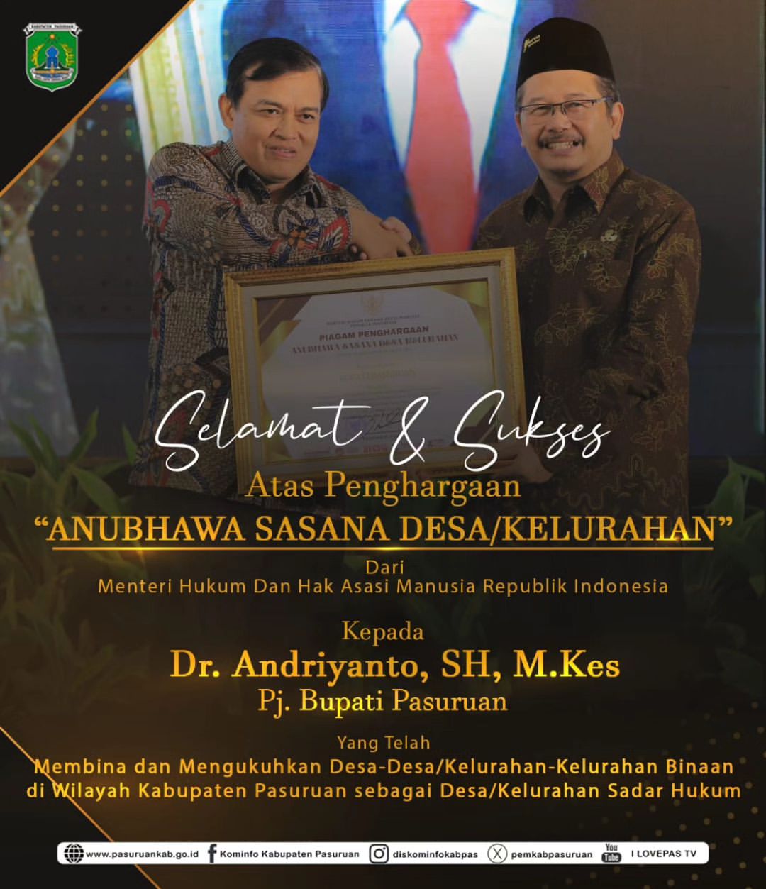 Penghargaan "Anubhawa Sasana Desa/Kelurahan" untuk Dr. Andriyanto