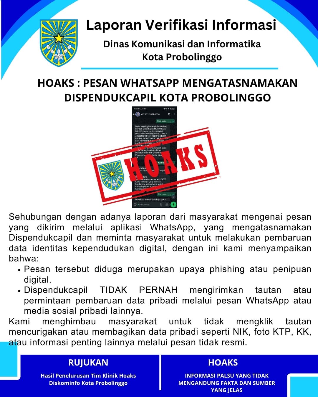 Perhatian! Pesan WhatsApp Palsu Mengatasnamakan Dispendukcapil Probolinggo