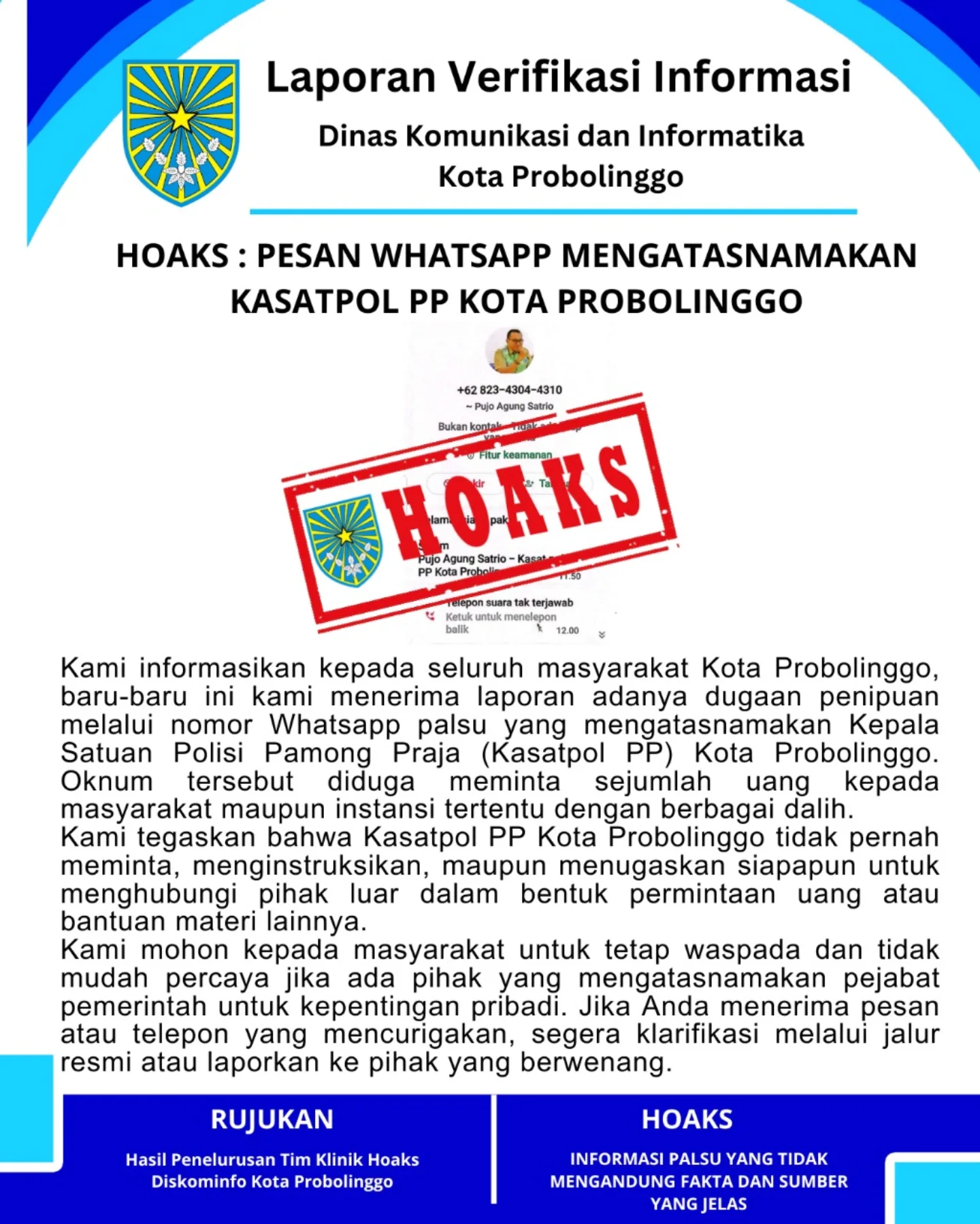 Waspada Hoaks! Penipuan Menggunakan Nama Kasatpol PP Probolinggo