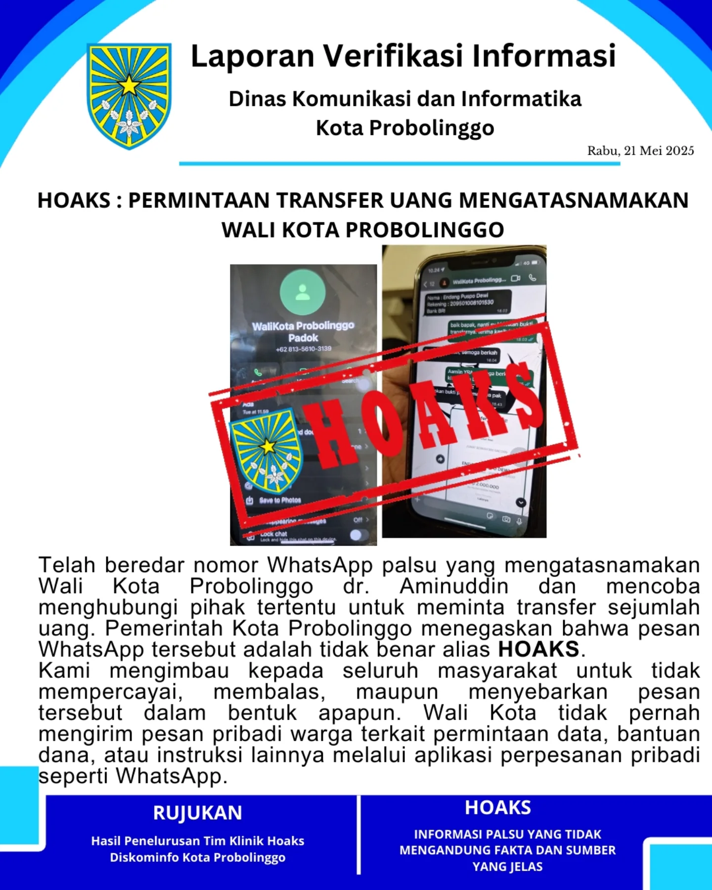 Hoaks: Permintaan Transfer Uang atas Nama Wali Kota Probolinggo