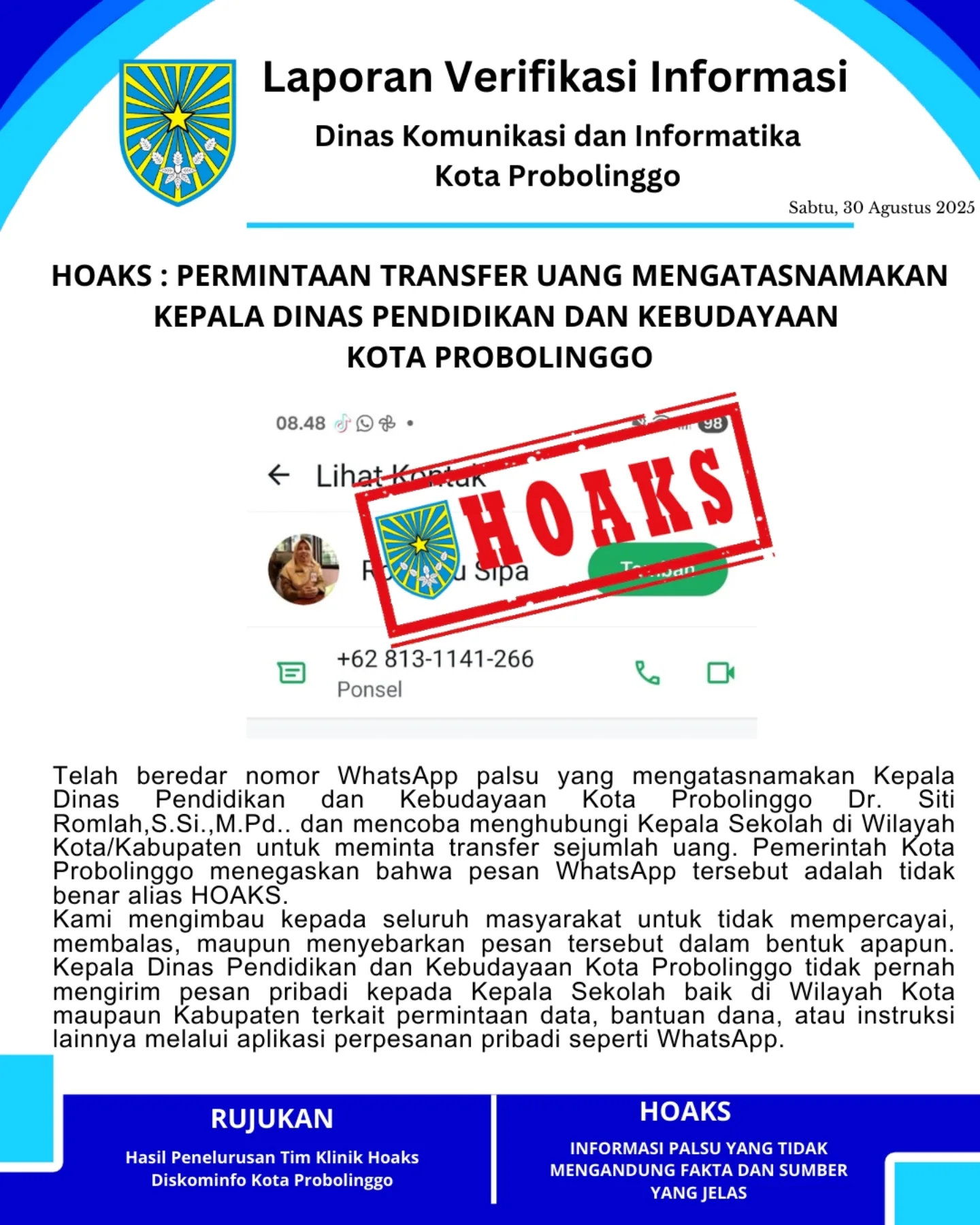 Waspada! Beredar Nomor WhatsApp Palsu Mengatasnamakan Kepala Dinas di Probolinggo