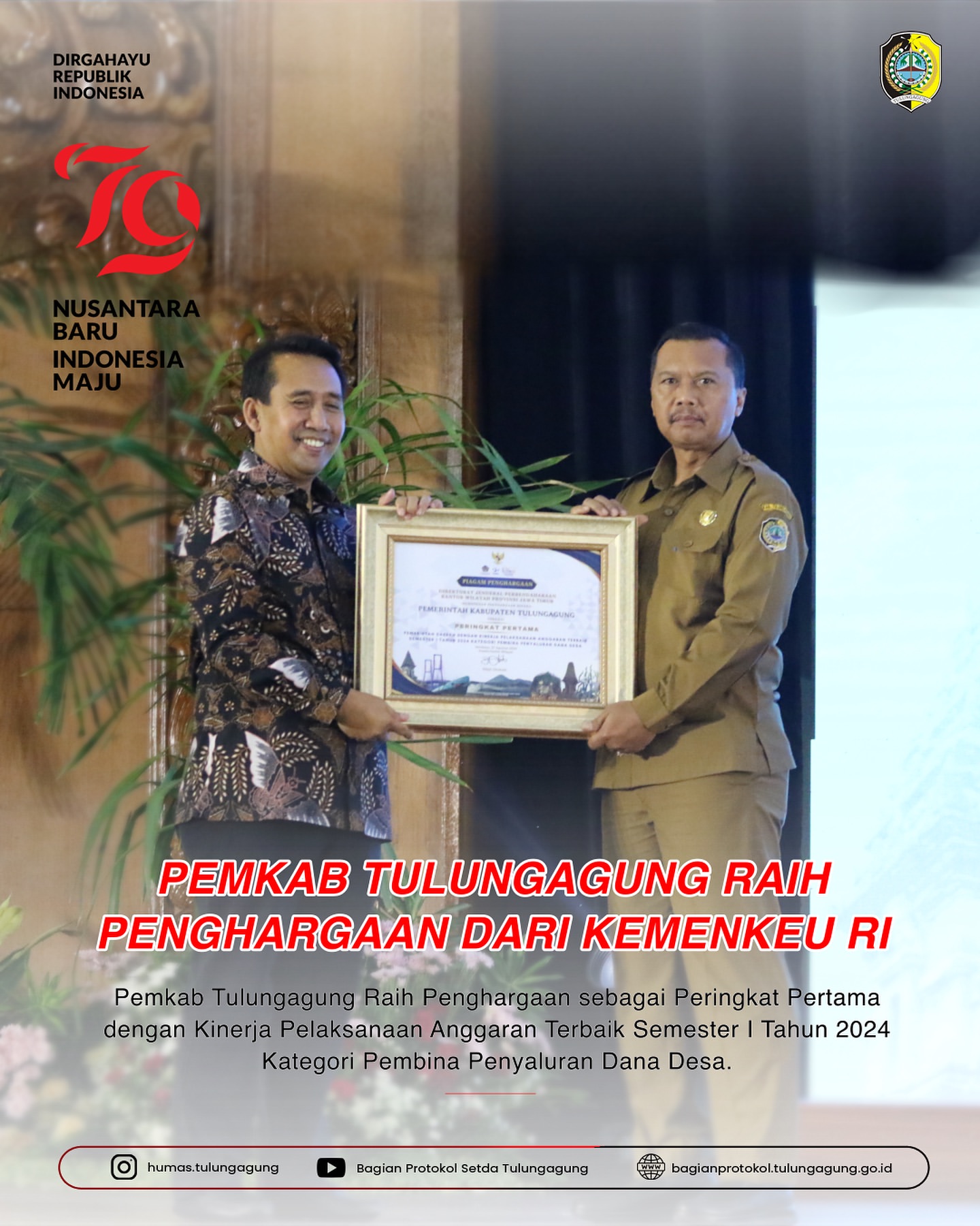 Pemerintah Kabupaten Tulungagung Raih Penghargaan Kinerja Pelaksanaan Anggaran Terbaik