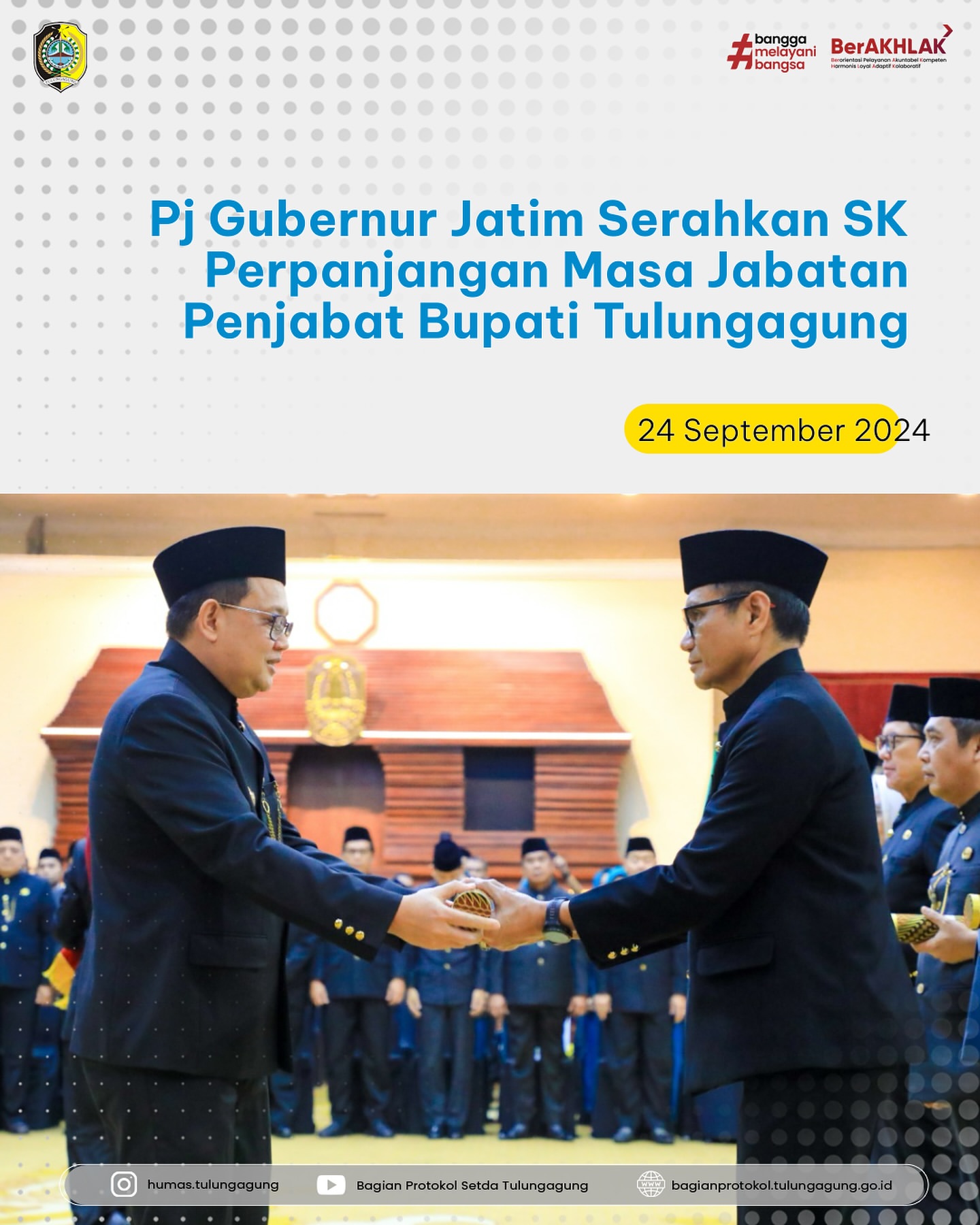 Pj Gubernur Jatim Serahkan SK Perpanjangan Jabatan Pj Bupati Tulungagung