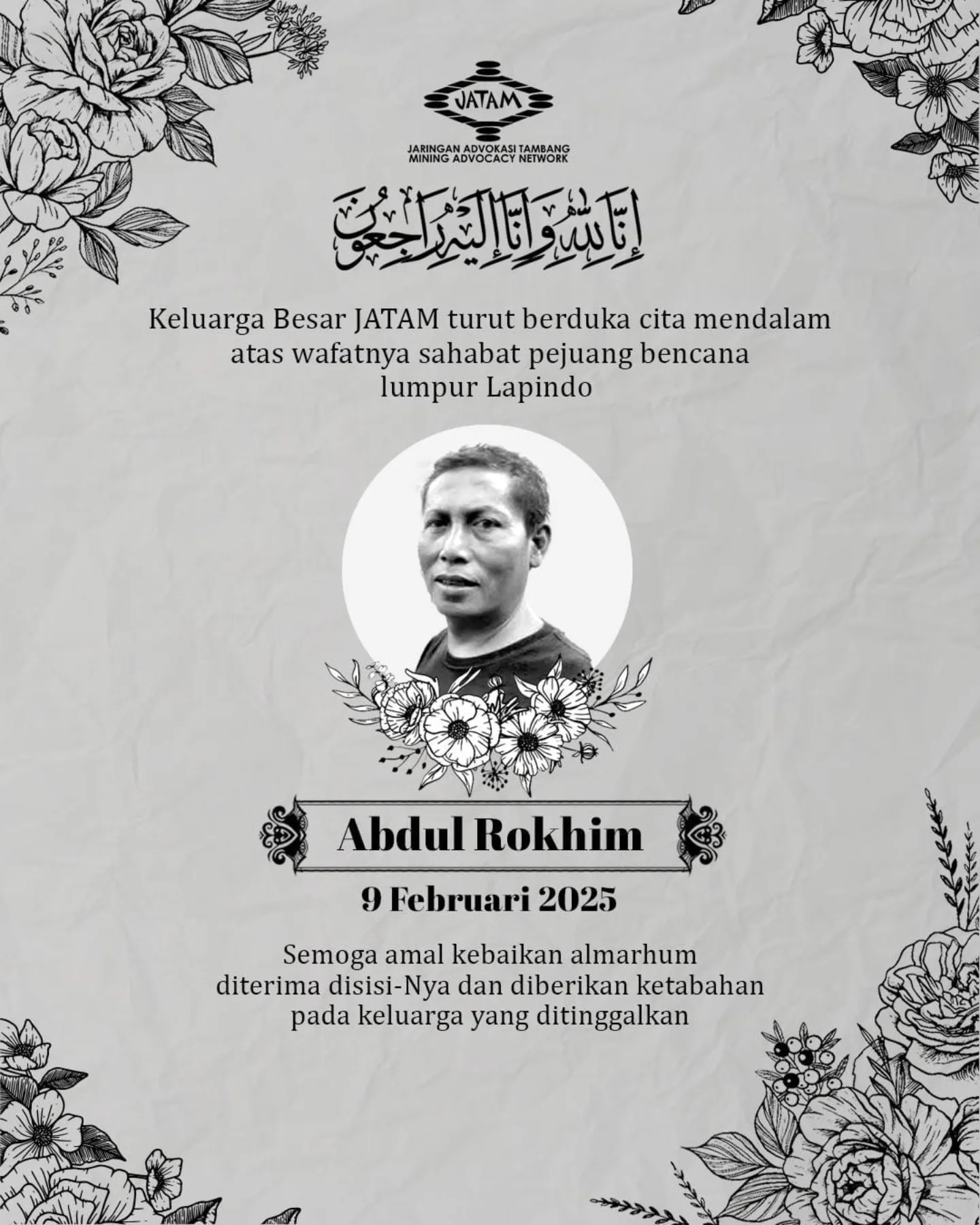 JATAM Berduka Cita atas Meninggalnya Pejuang Lingkungan Abdul Rokhim