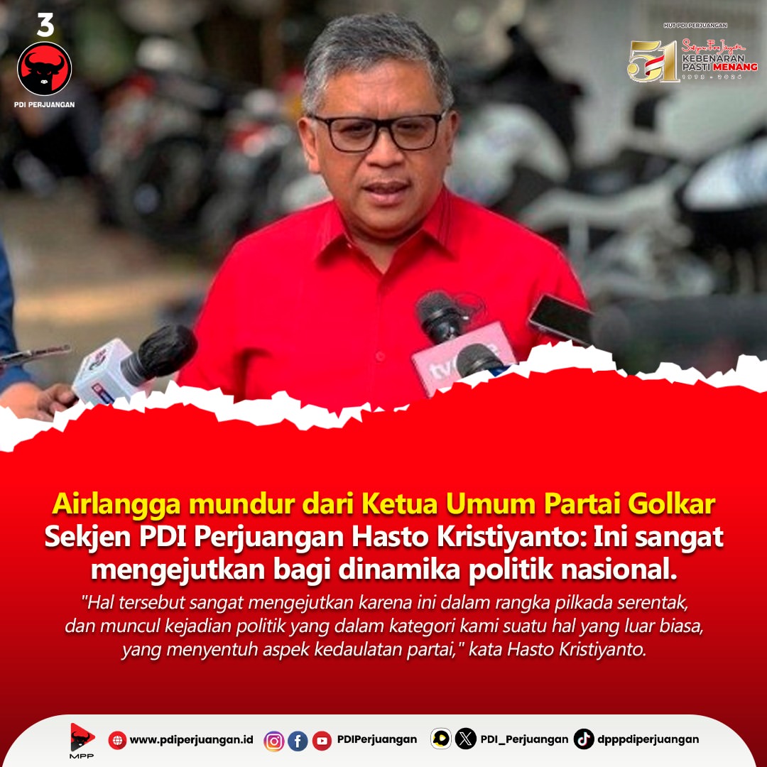 Airlangga Mundur dari Ketua Umum Partai Golkar, Hasto Kristiyanto Menyatakan Kejutan