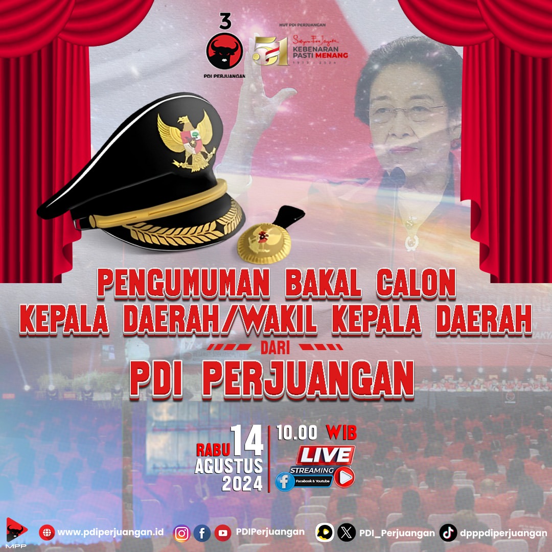 Pengumuman Bakal Calon Kepala Daerah PDI Perjuangan untuk Pilkada 2024