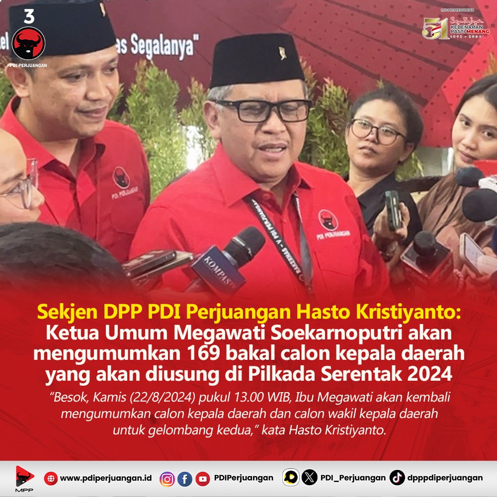 PDIP Umumkan 169 Bakal Calon Kepala Daerah untuk Pilkada 2024