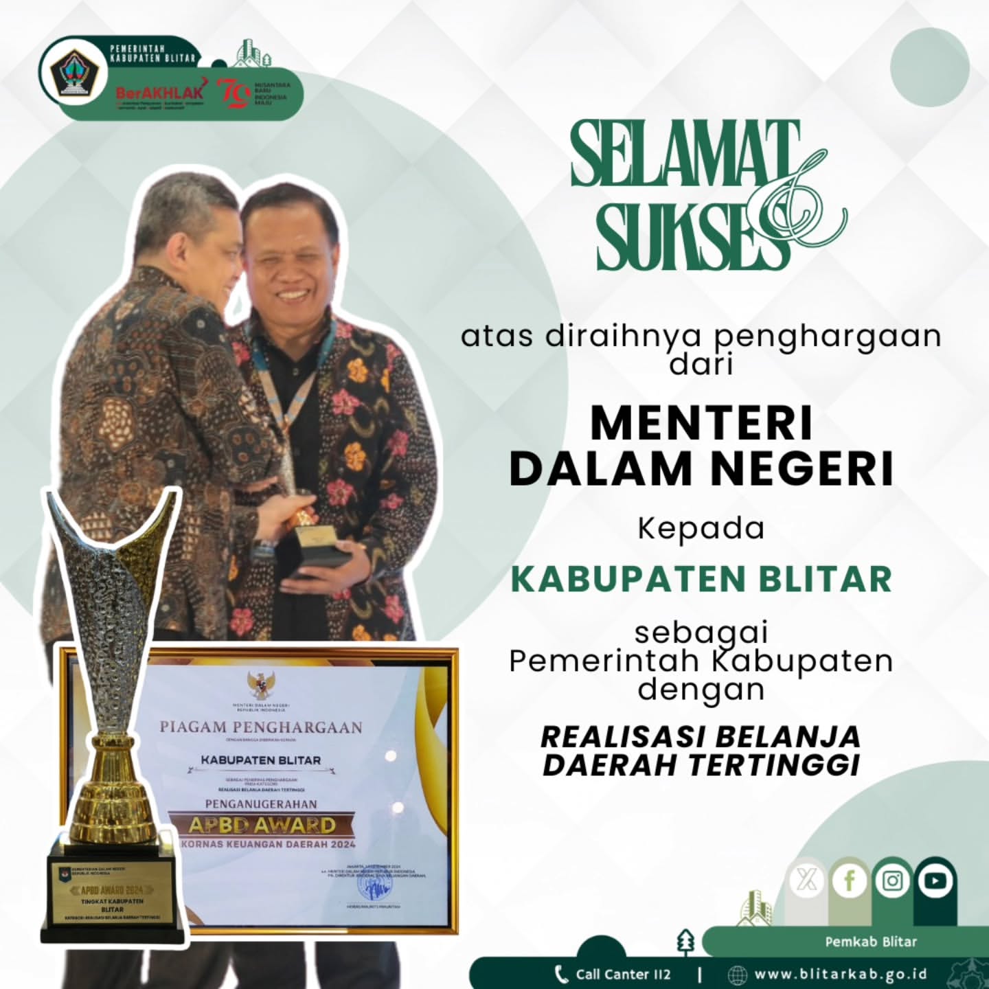 Penghargaan Tinggi untuk Pemkab Blitar atas Realisasi Belanja Daerah