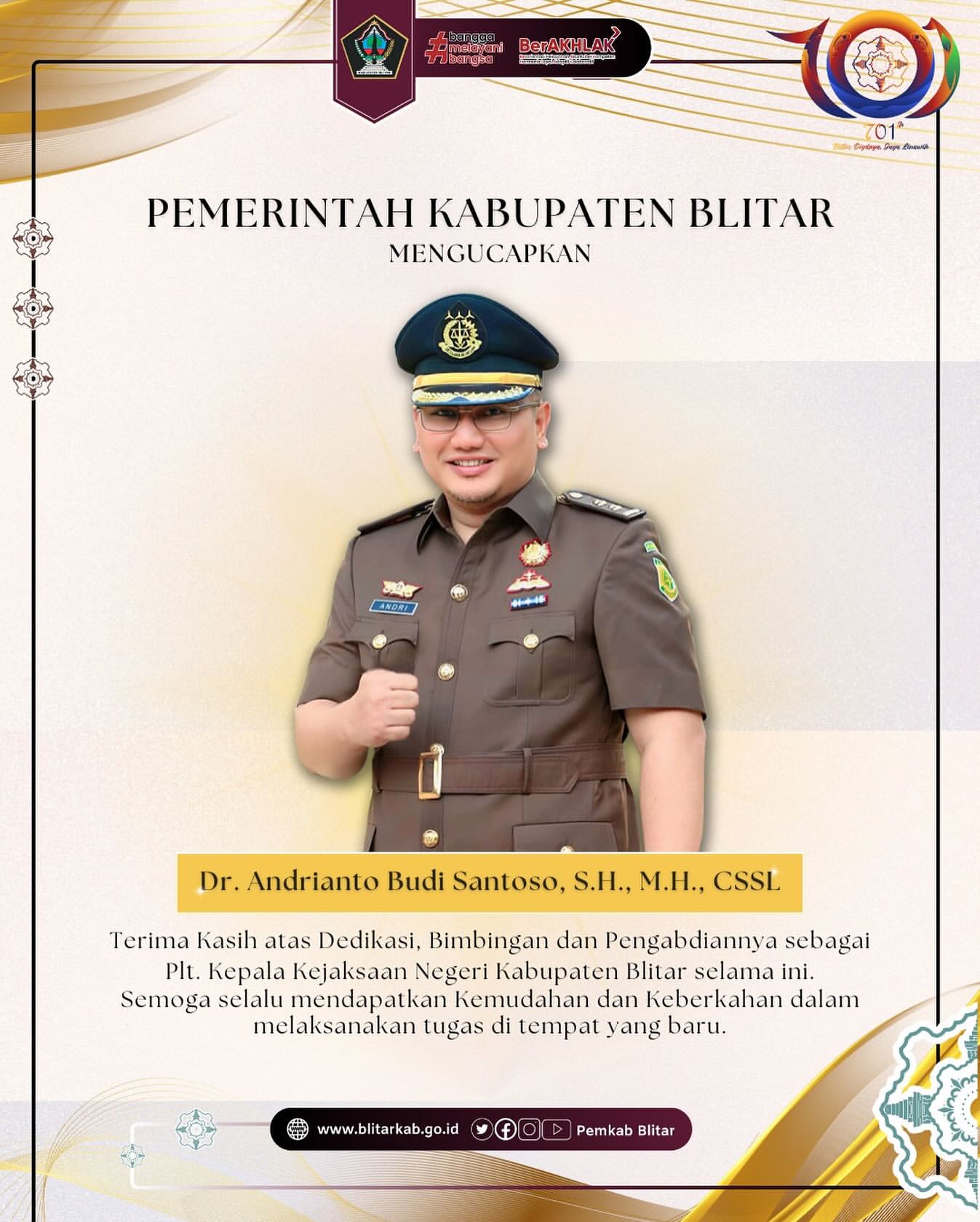 Penghargaan untuk Dr. Andrianto Budi Santoso atas Dedikasinya Sebagai Kepala Kejaksaan Negeri Kabupaten Blitar