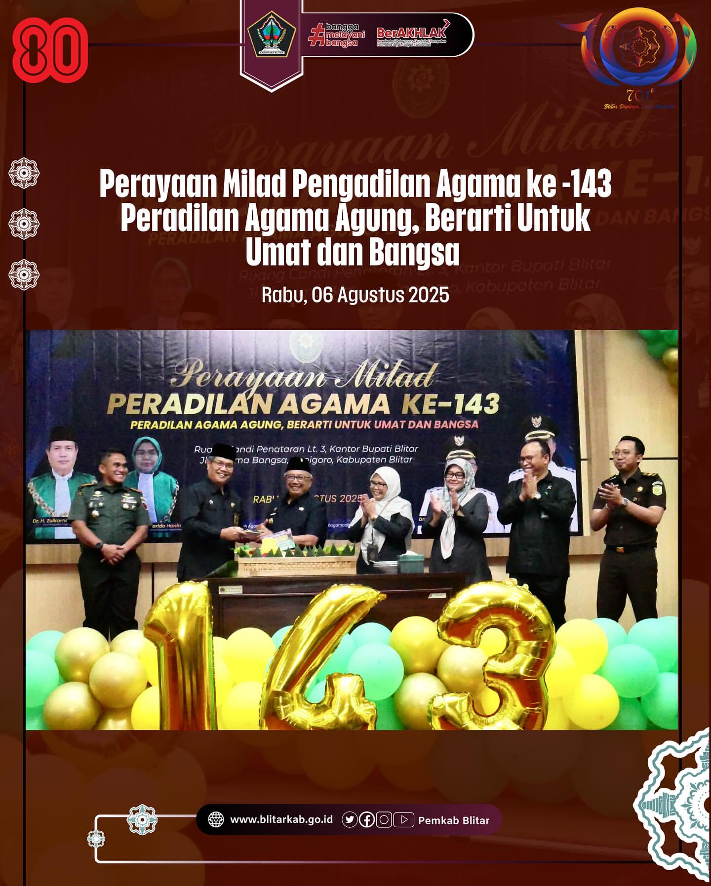 Perayaan Milad Ke-143 Peradilan Agama Blitar, Bupati Tekankan Kualitas Pelayanan dan Inovasi Digital