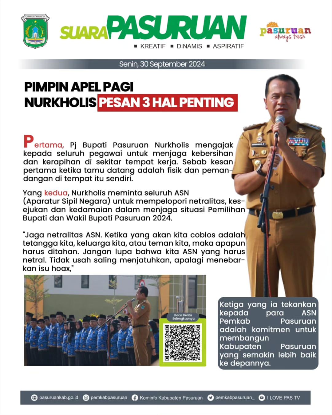 Pj Bupati Pasuruan Pimpin Apel Pertama sejak Dilantik