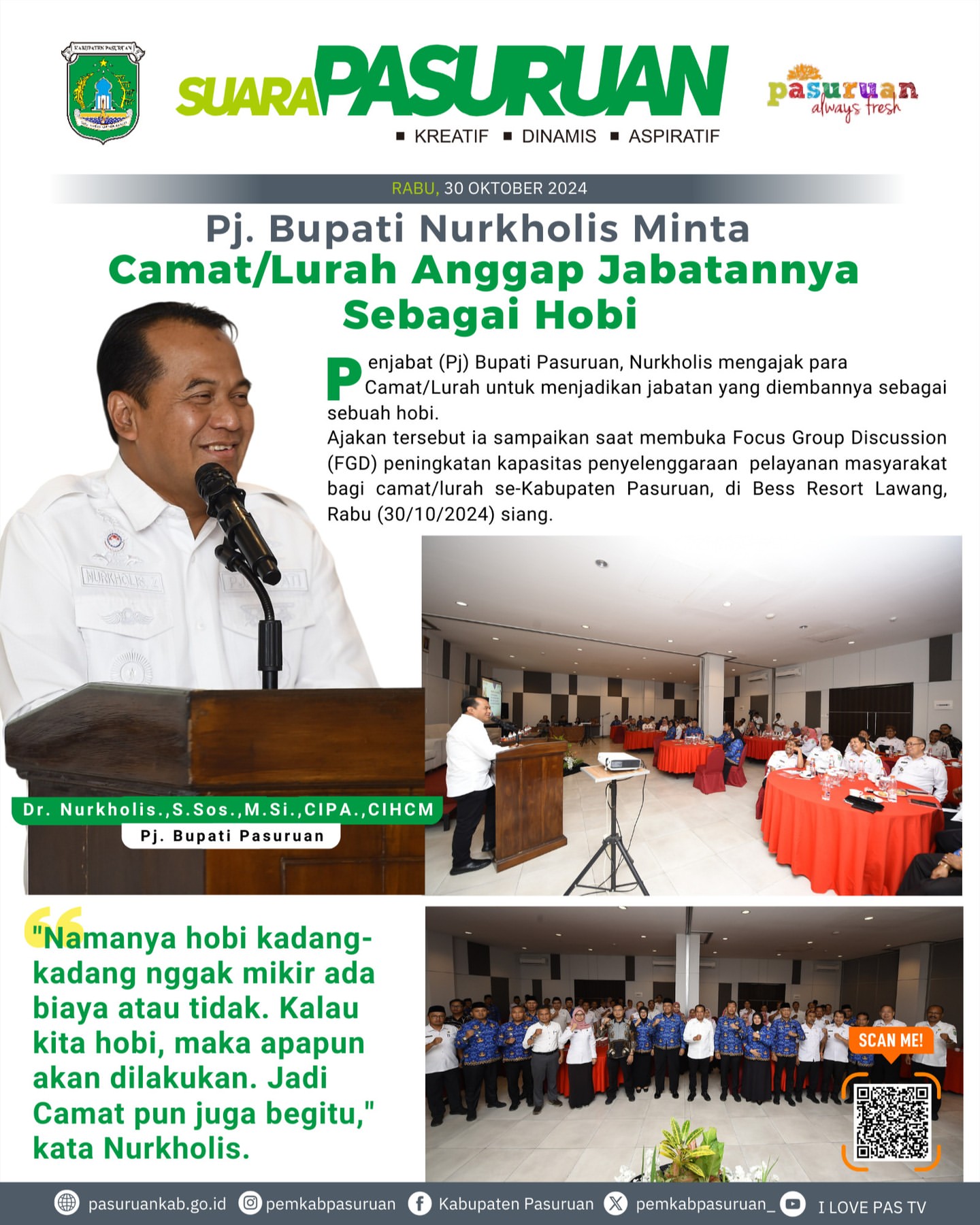 Pj Bupati Pasuruan Ajak Camat dan Lurah Jadikan Jabatan Sebagai Hobi