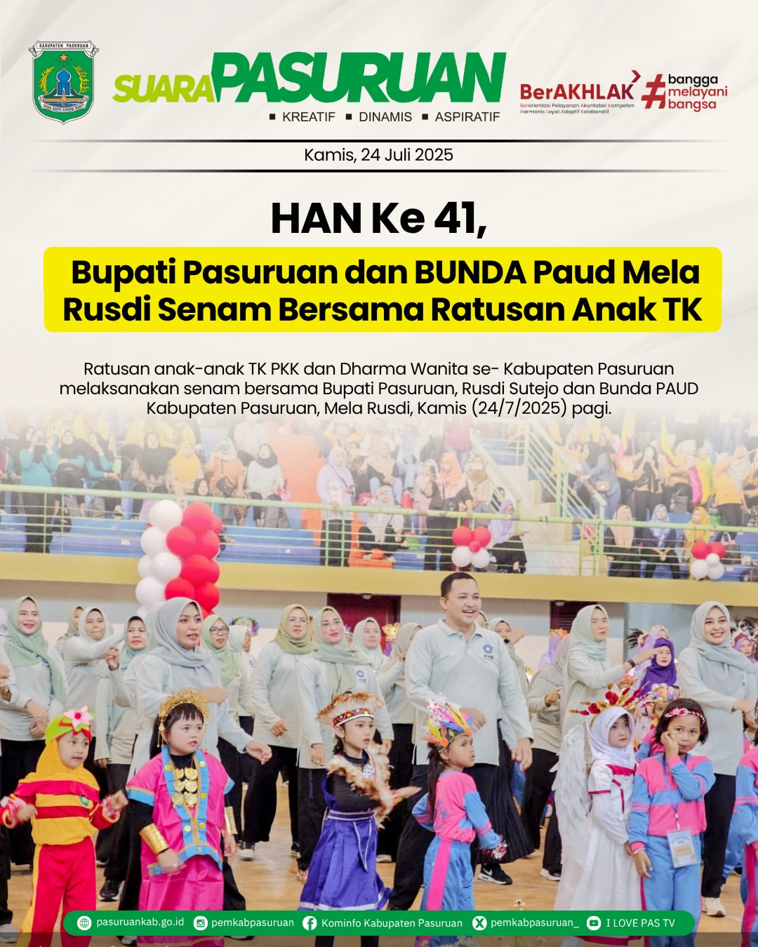 Ratusan Anak TK di Pasuruan Senam Bersama Bupati dan Bunda PAUD