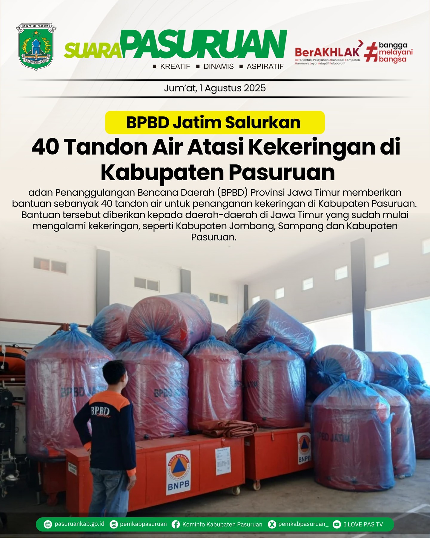 BPBD Jawa Timur Salurkan 40 Tandon Air untuk Atasi Kekeringan di Pasuruan