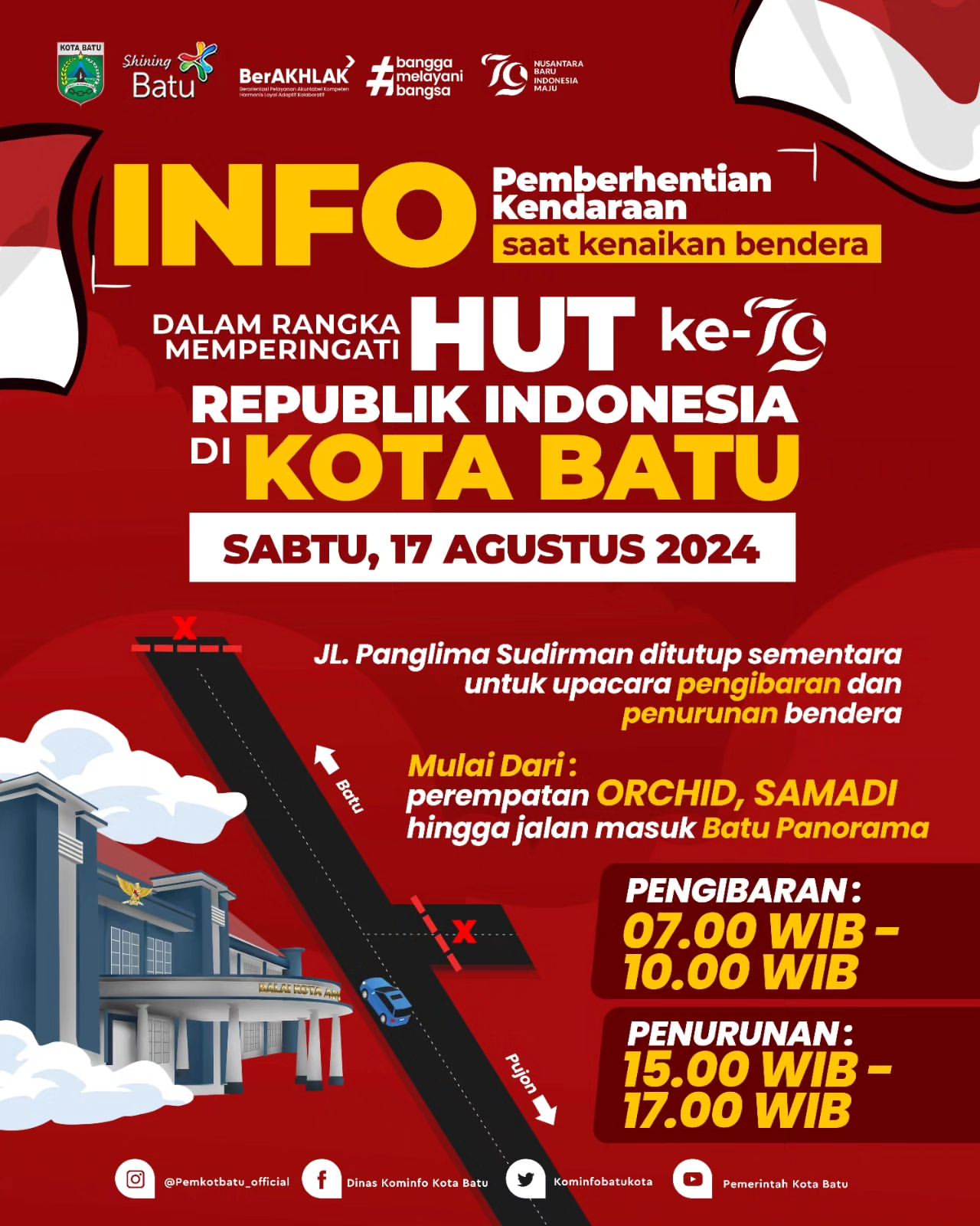 Penutupan Sementara Jalan untuk Upacara HUT ke-79 Republik Indonesia di Kota Batu