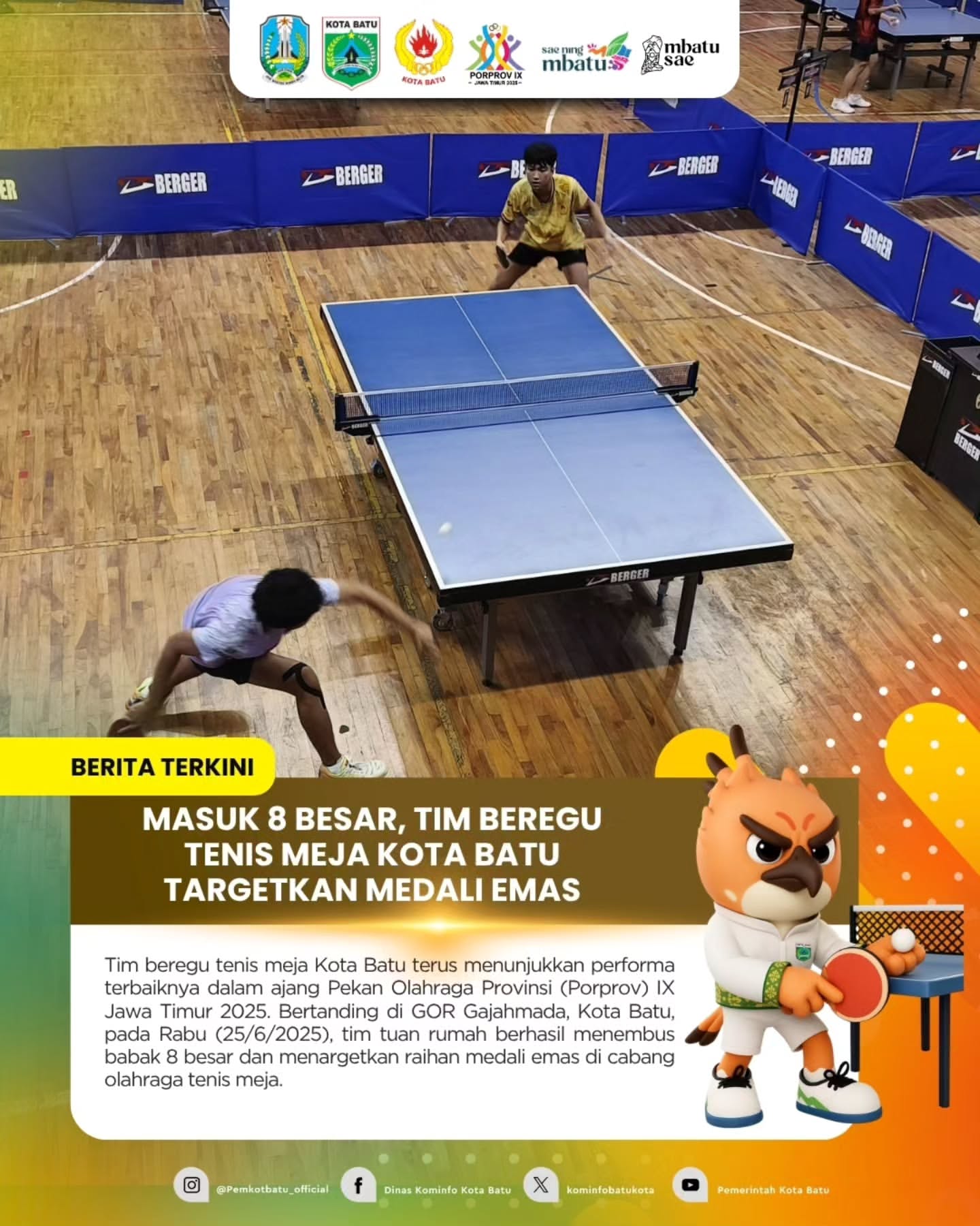 Tim Beregu Tenis Meja Kota Batu Melaju ke 8 Besar dan Targetkan Medali Emas di Porprov Jatim 2025