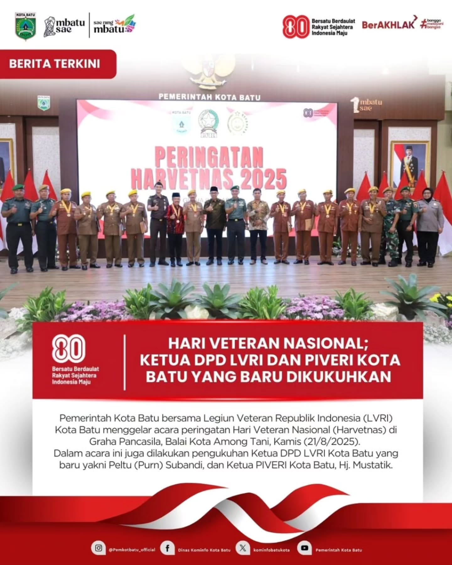 Peringatan Hari Veteran Nasional di Batu, Ketua LVRI dan PIVERI Dikukuhkan