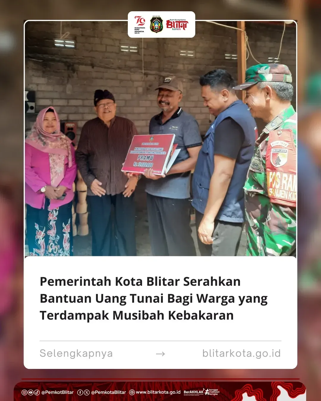 Pemerintah Kota Blitar Salurkan Bantuan Tunai bagi Korban Kebakaran