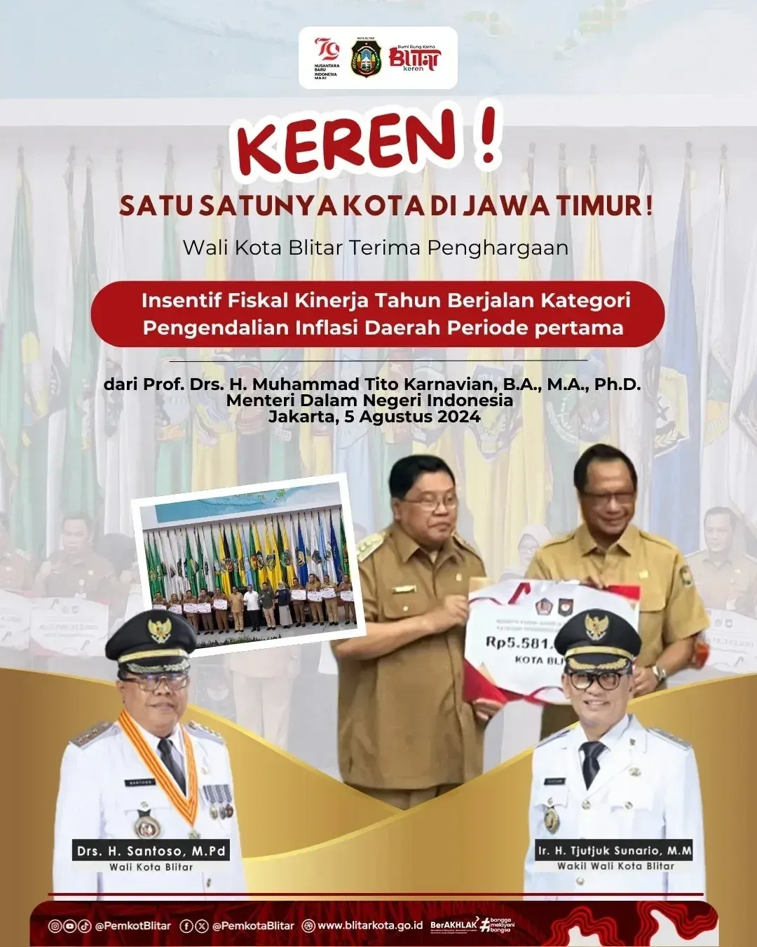 Pemerintah Kota Blitar Terima Penghargaan Pengendalian Inflasi dari Kementerian Dalam Negeri