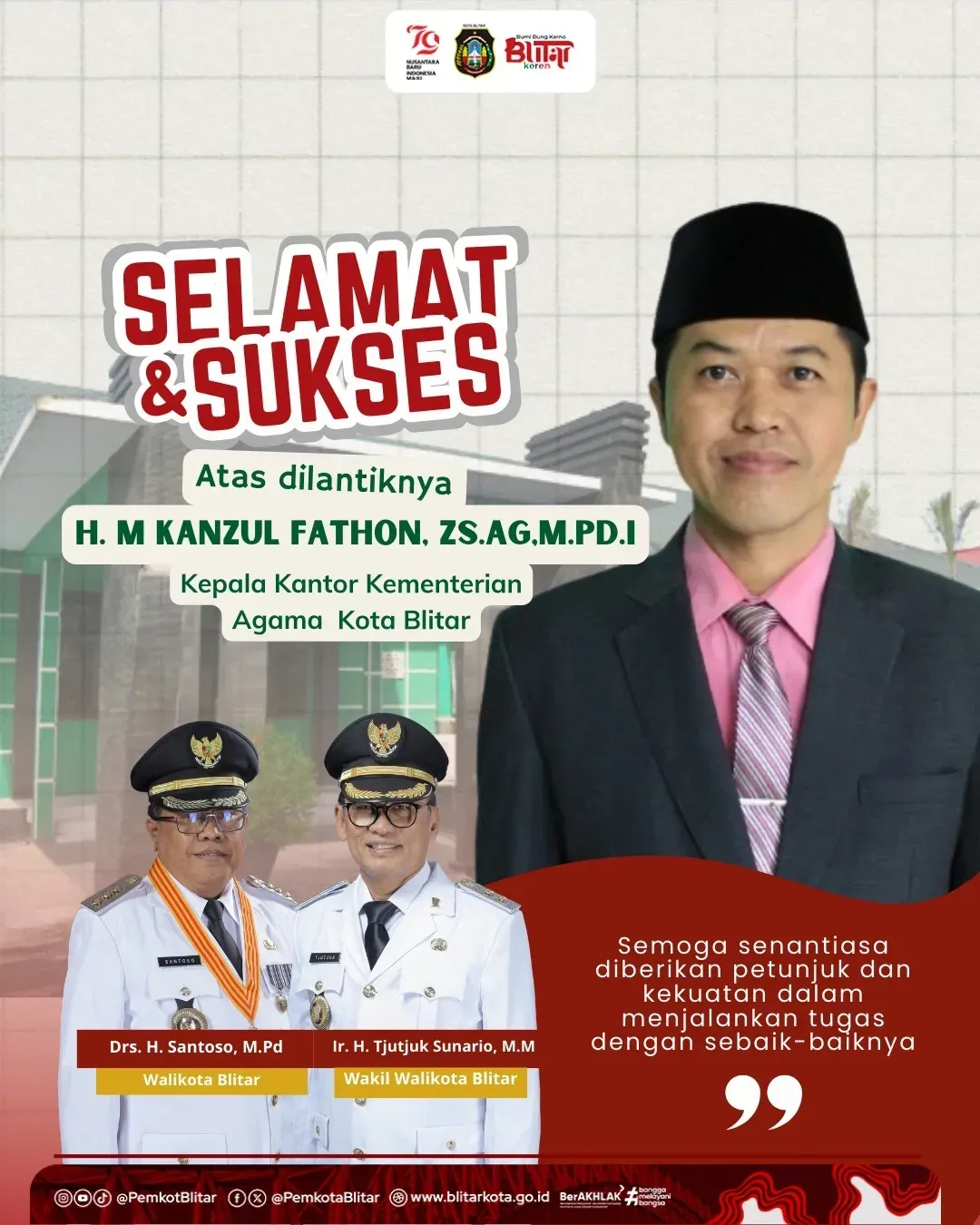 Pelantikan H. Mohammad Kanzul Fathon sebagai Kepala Kantor Kementerian Agama Kota Blitar