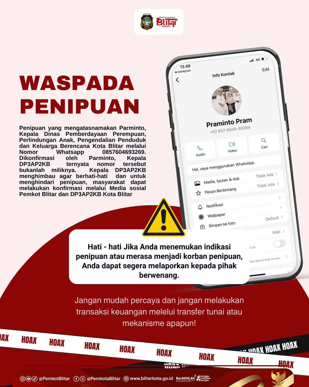 Waspada Penipuan Mengatasnamakan Kepala Dinas Pemberdayaan Perempuan Kota Blitar