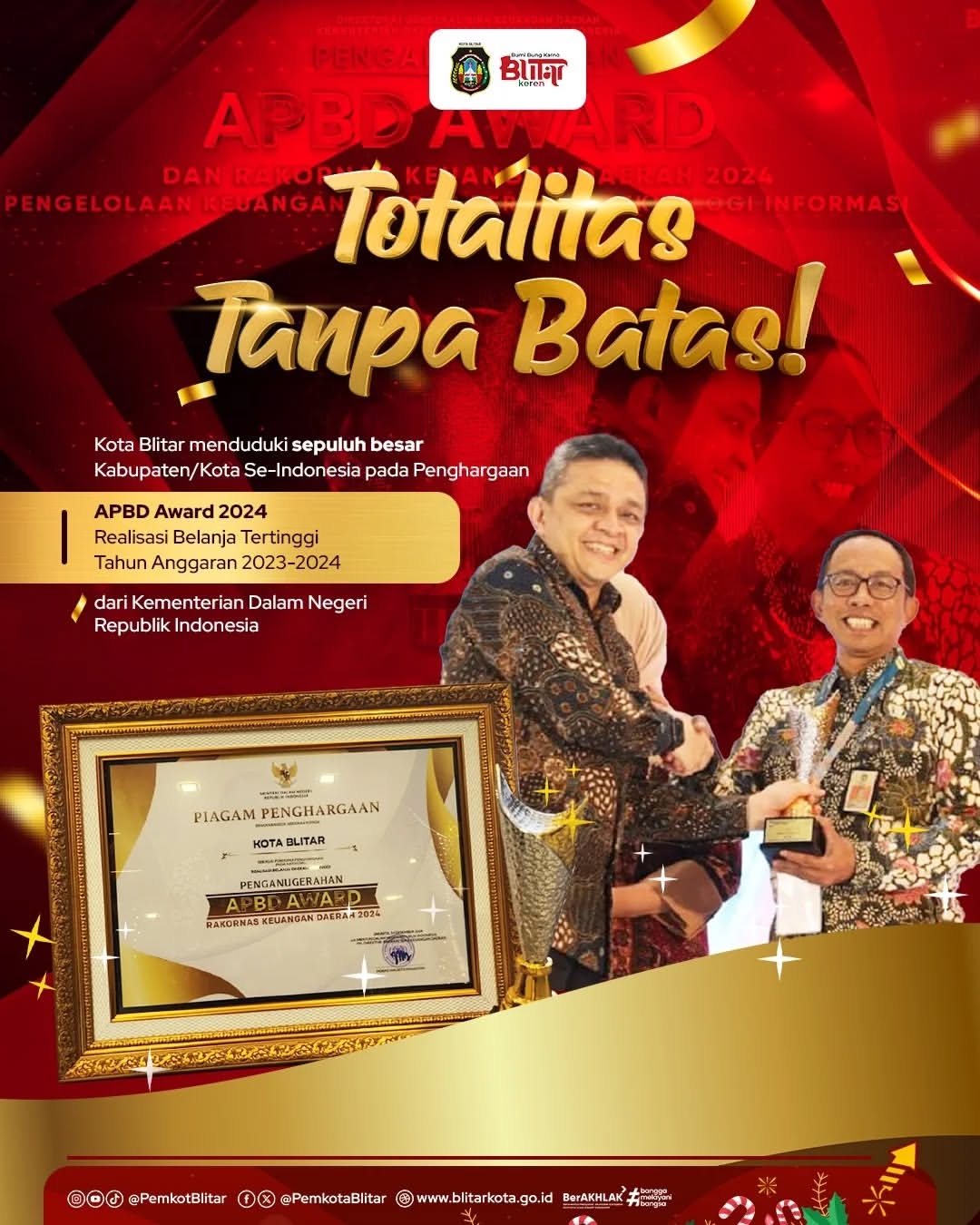 Kota Blitar Raih Penghargaan Serapan Belanja Daerah Tertinggi 2024
