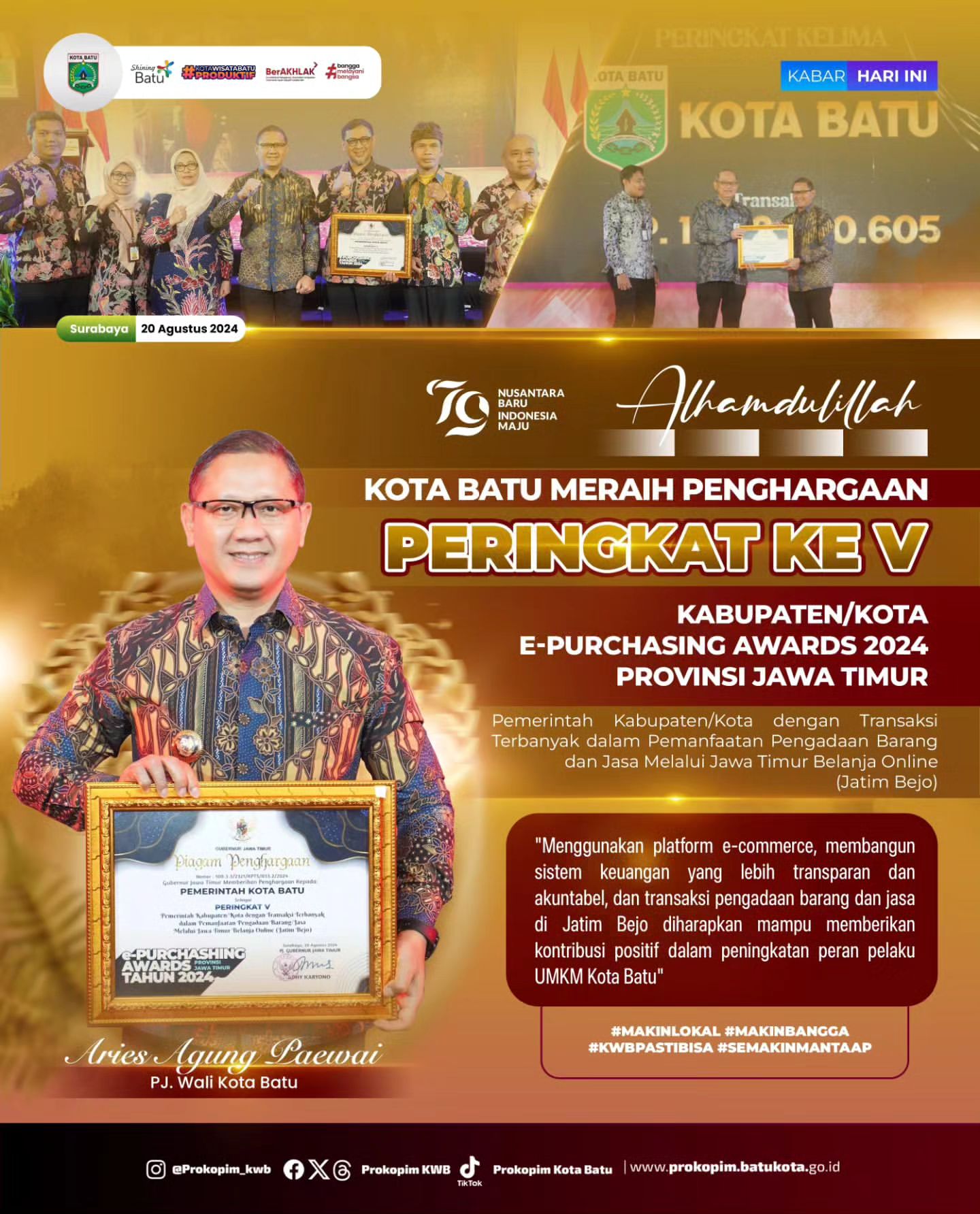 Pemerintah Kota Batu Raih Peringkat V E-Purchasing Awards 2024