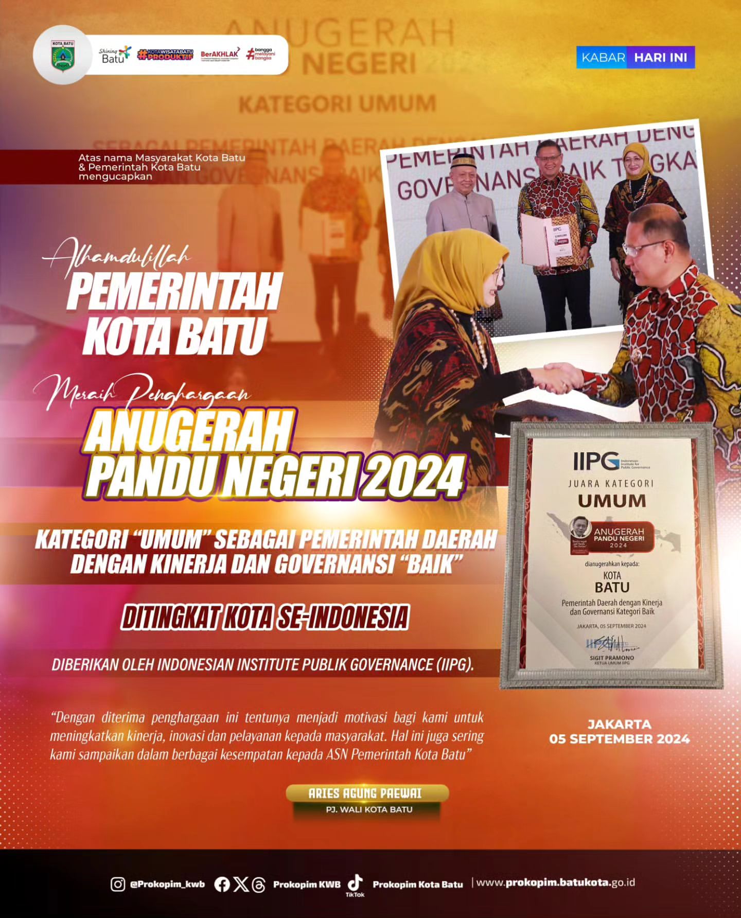 Kota Batu Meraih Penghargaan Anugerah Pandu Negeri 2024