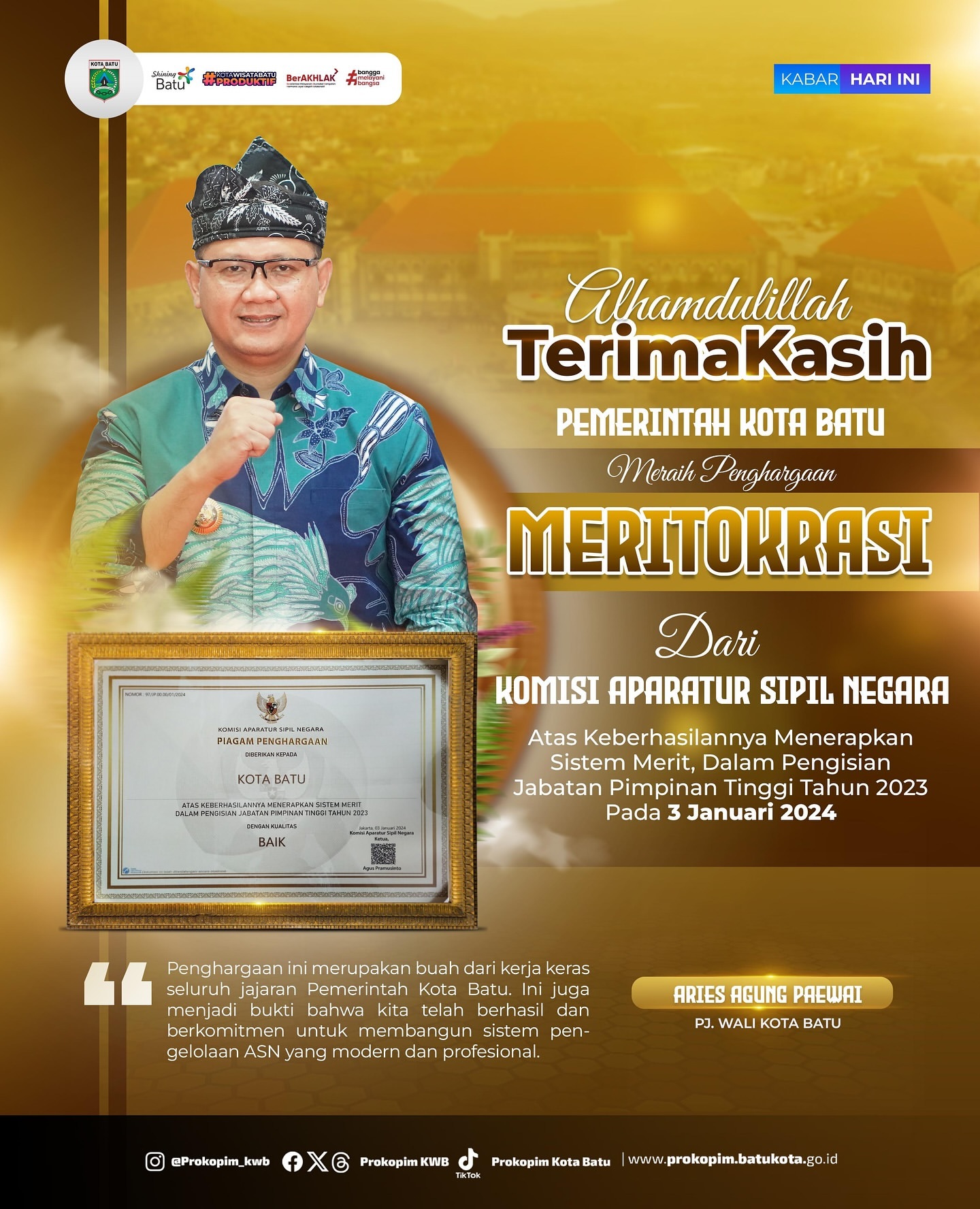 Kota Batu Raih Penghargaan atas Penerapan Sistem Merit ASN