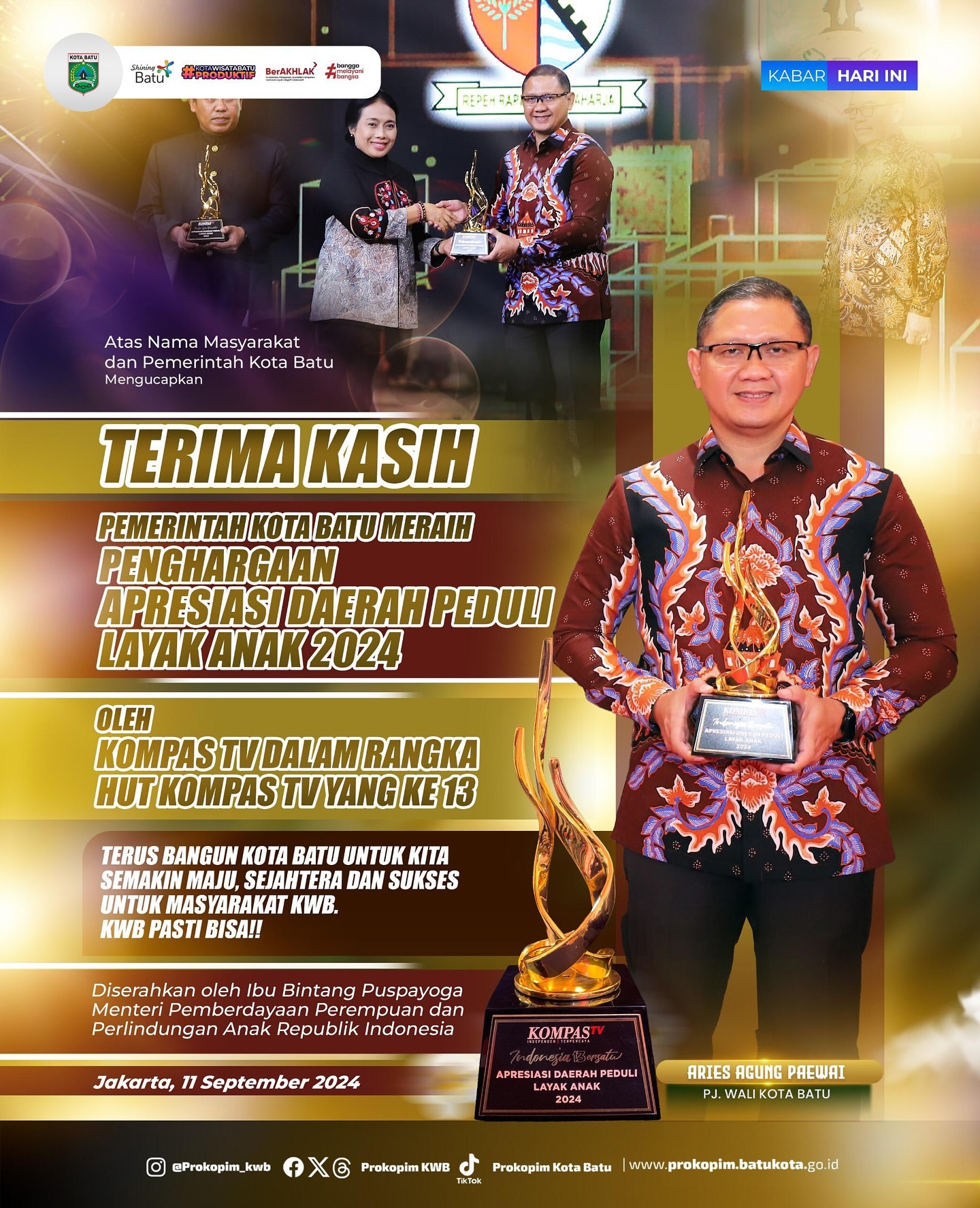 Kota Batu Raih Penghargaan Kota Peduli Layak Anak dari Kompas TV