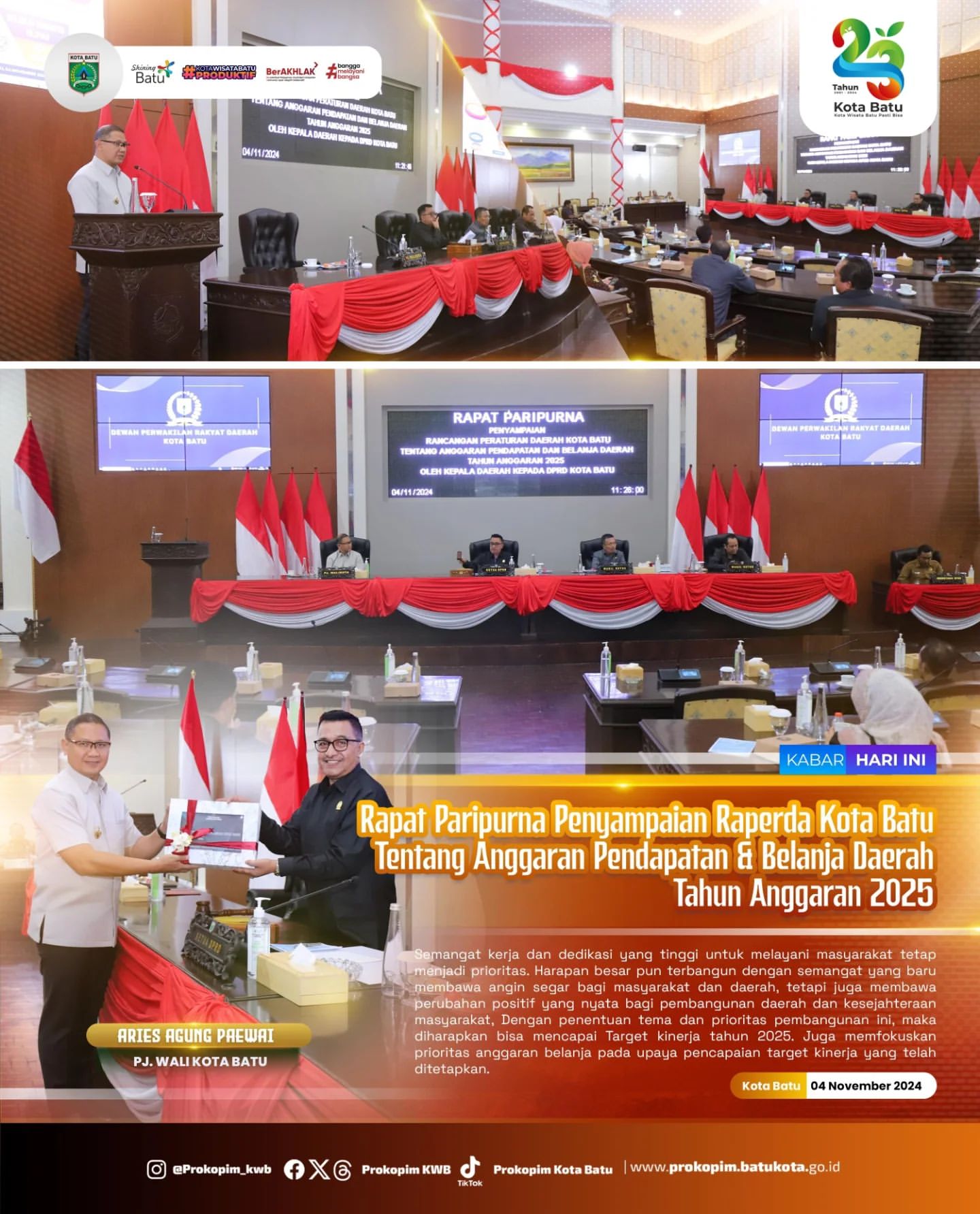 Pj. Wali Kota Batu Sampaikan Raperda APBD 2025 kepada DPRD