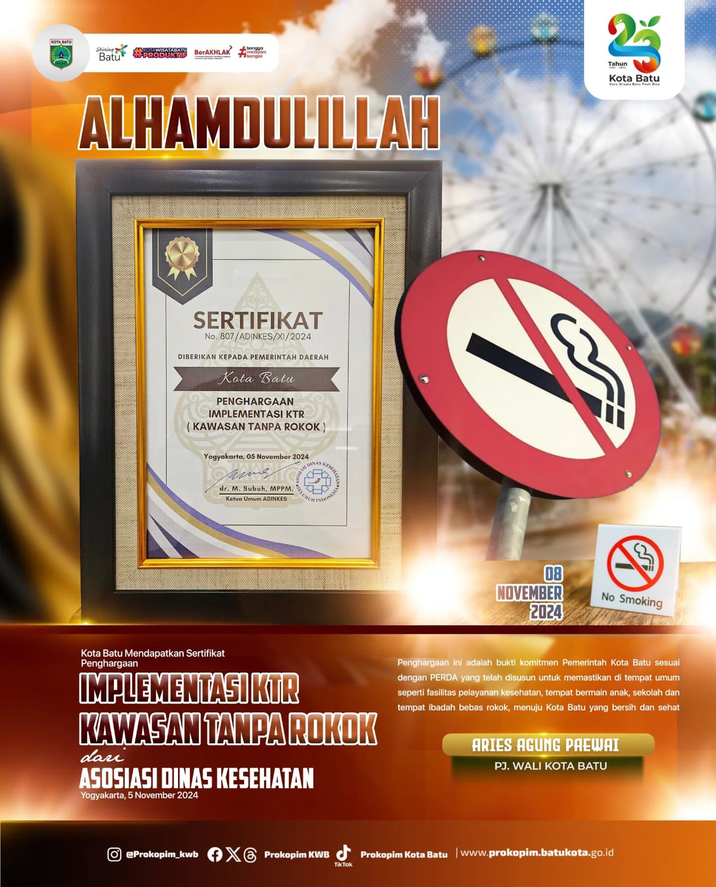 Kota Batu Raih Penghargaan Nasional atas Keberhasilan Kawasan Tanpa Rokok