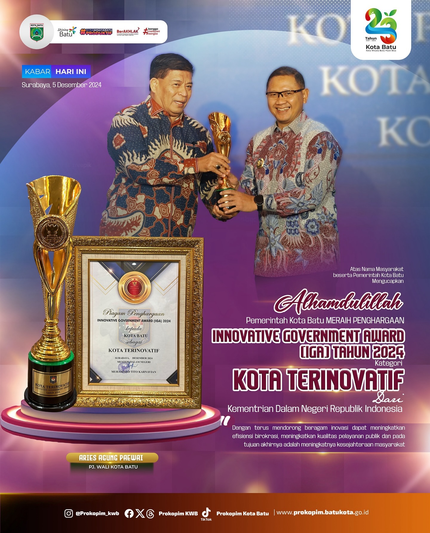 Kota Batu Raih Penghargaan Kota Terinovatif 2024