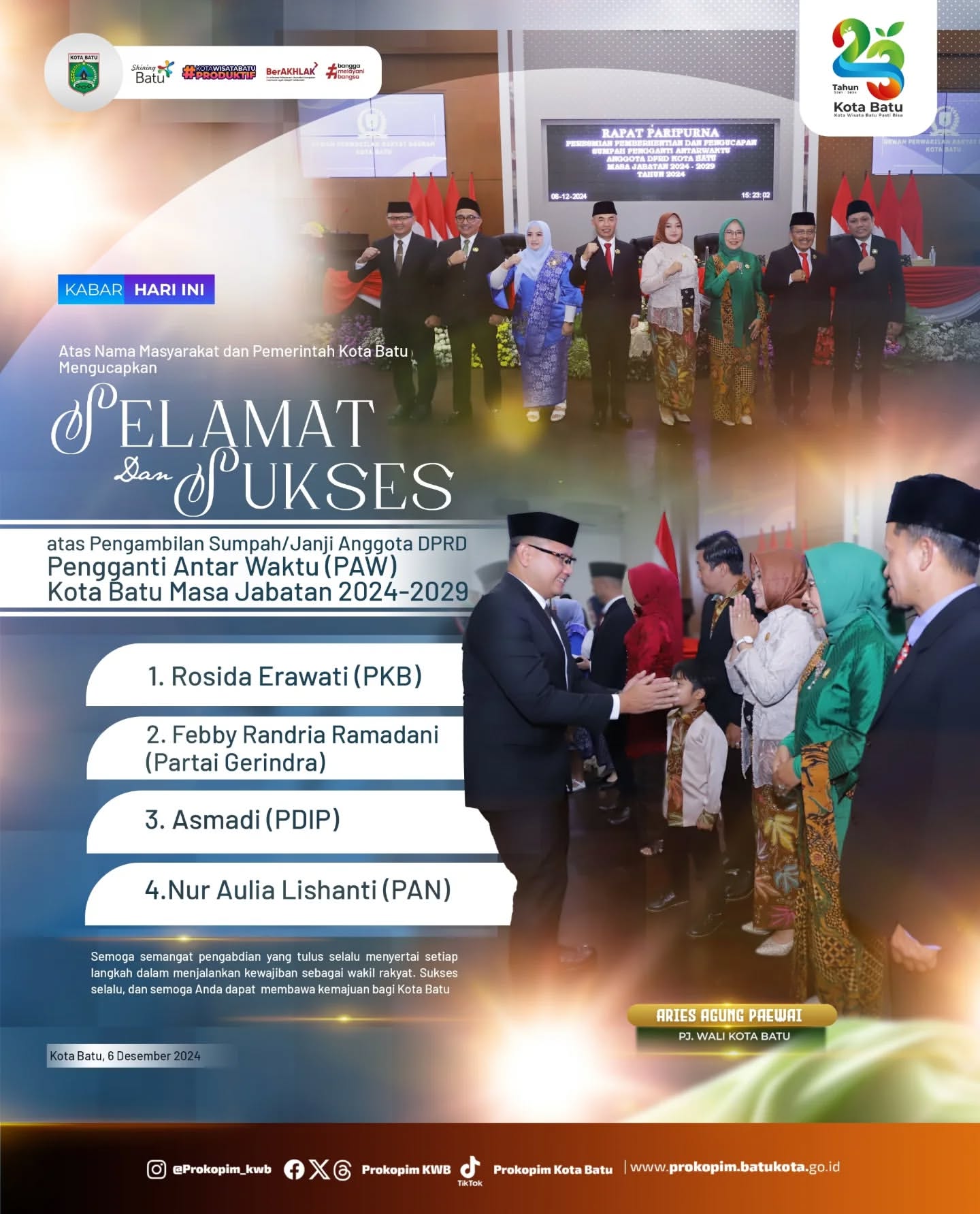 Ucapan Selamat Pj. Wali Kota Batu untuk Anggota DPRD Baru