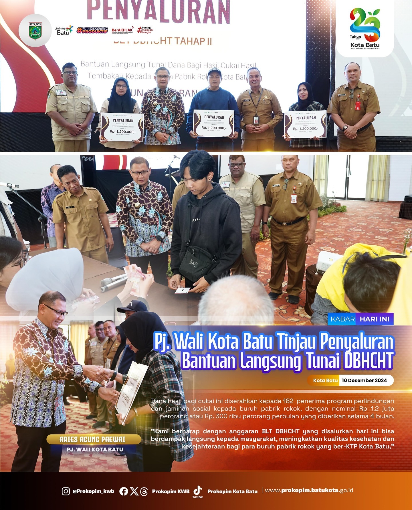 Pj. Wali Kota Batu Tinjau Penyaluran Bantuan Langsung Tunai DBHCHT