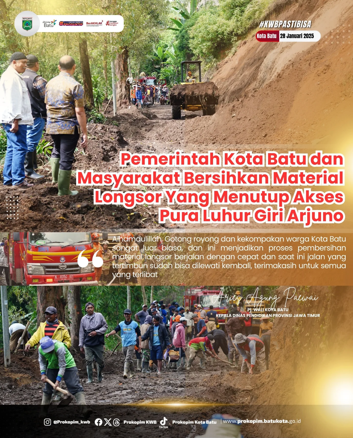 Pemerintah dan Warga Bersatu Bersihkan Longsor Akses Pura Luhur Giri Arjuno