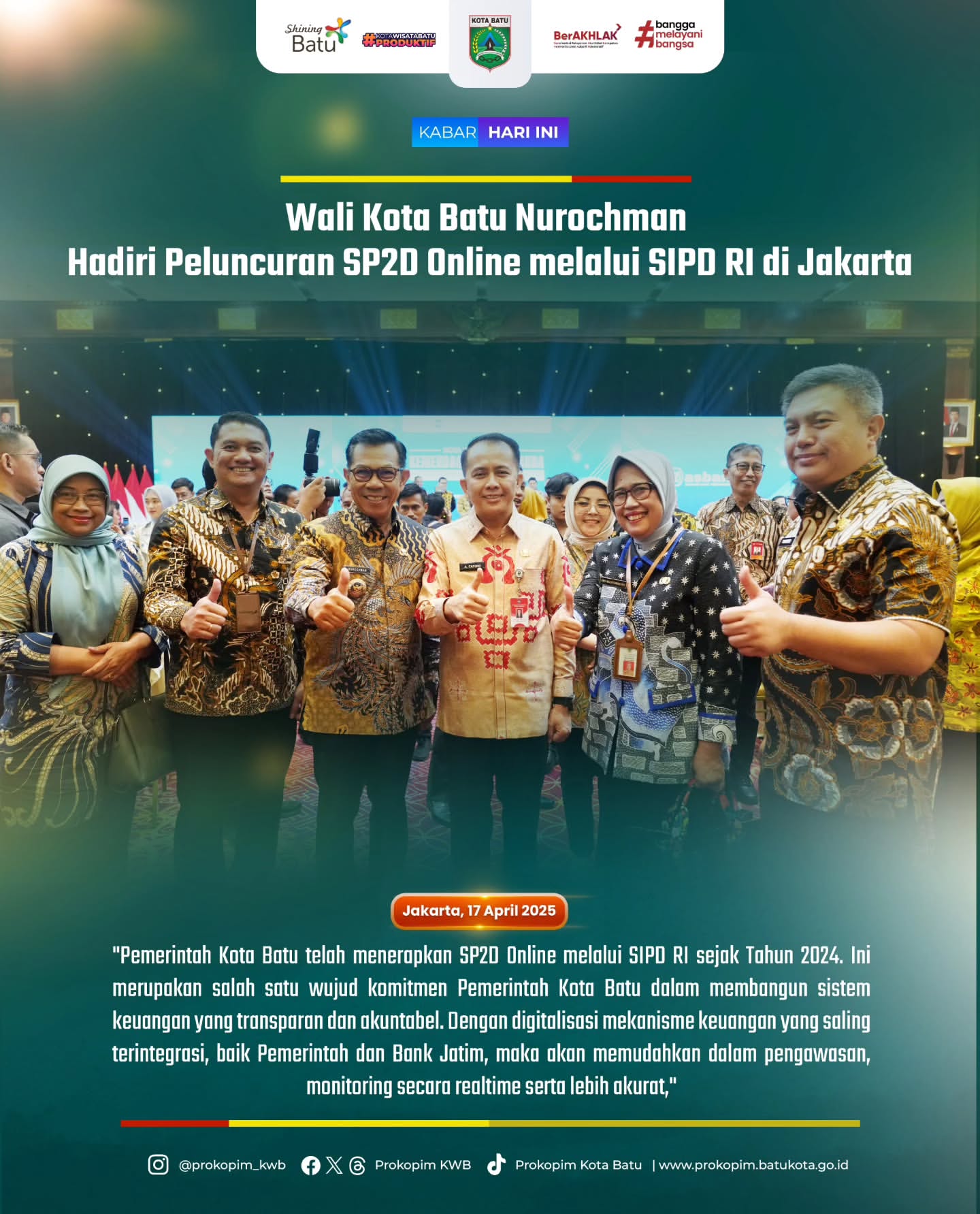Wali Kota Batu Nurochman Hadiri Peluncuran SP2D Online di Jakarta