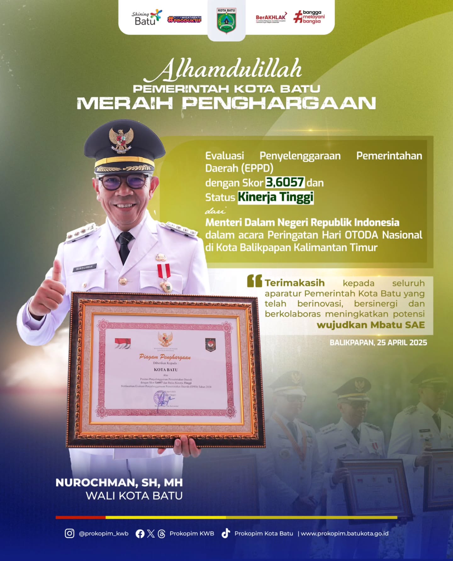 Wali Kota Batu Terima Penghargaan dari Kemendagri RI