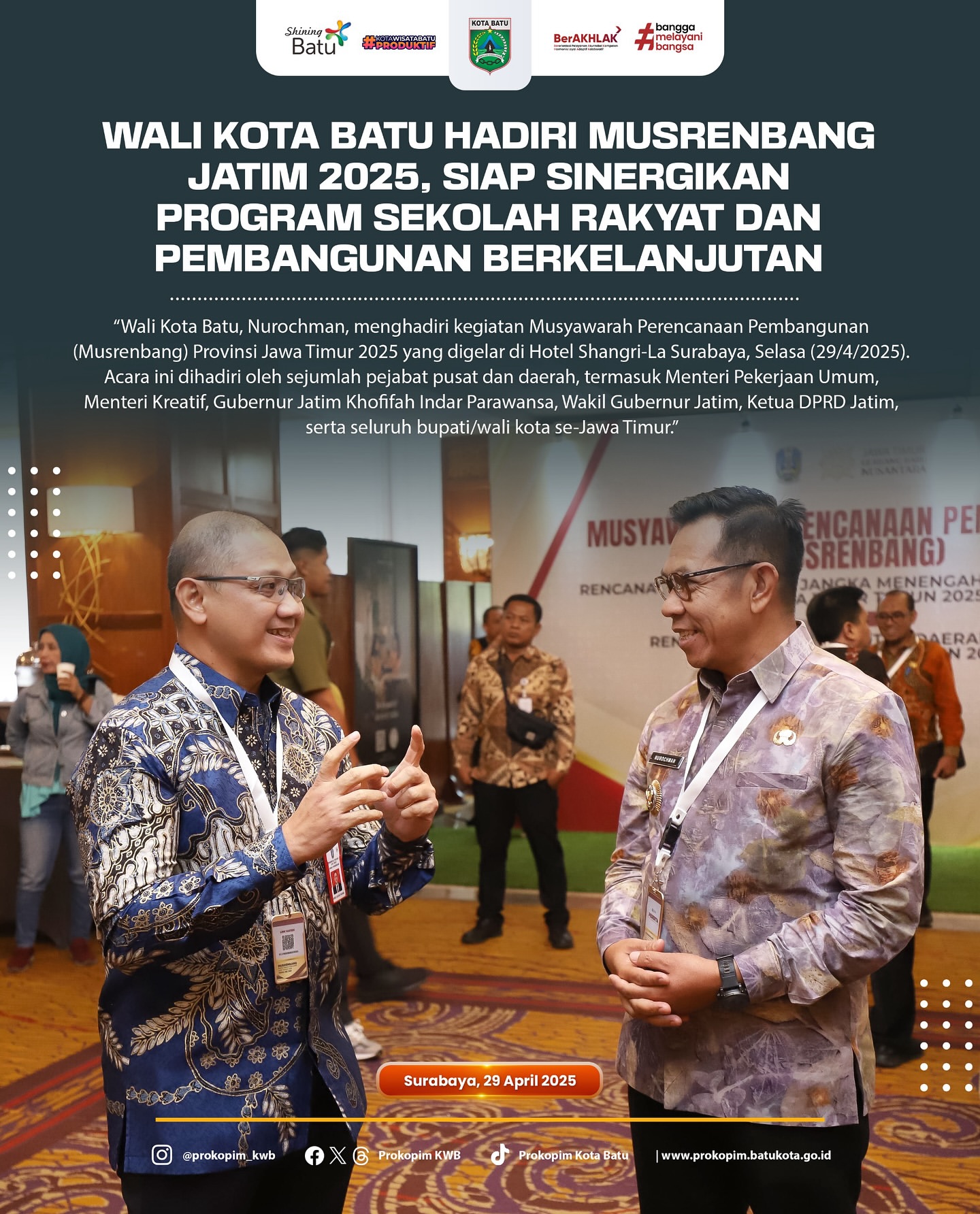 Wali Kota Batu Hadiri Musrenbang Jatim 2025 untuk Sinergikan Program Sekolah Rakyat