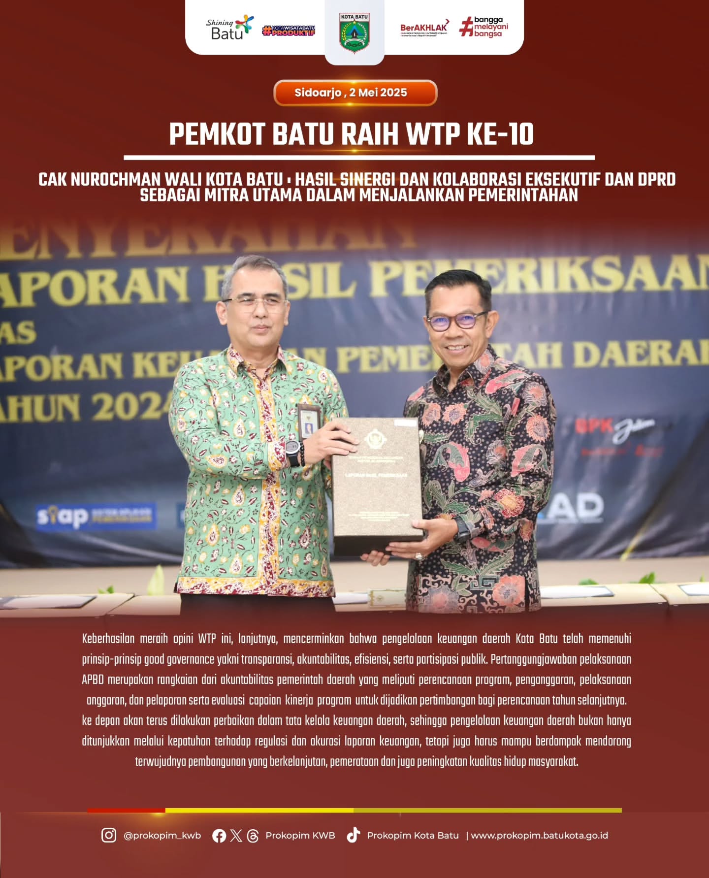 Pemkot Batu Raih Opini Wajar Tanpa Pengecualian untuk Kesepuluh Kalinya