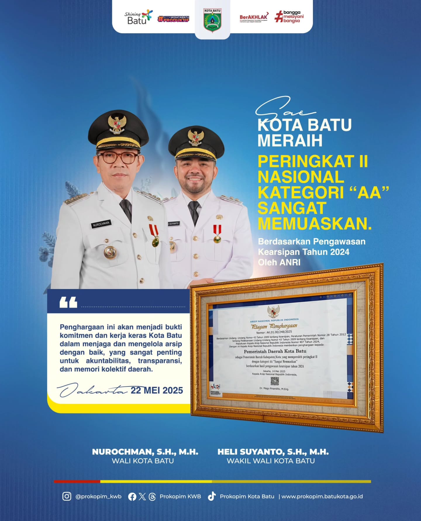 Kota Batu Raih Penghargaan Kearsipan Daerah Terbaik II di Jakarta