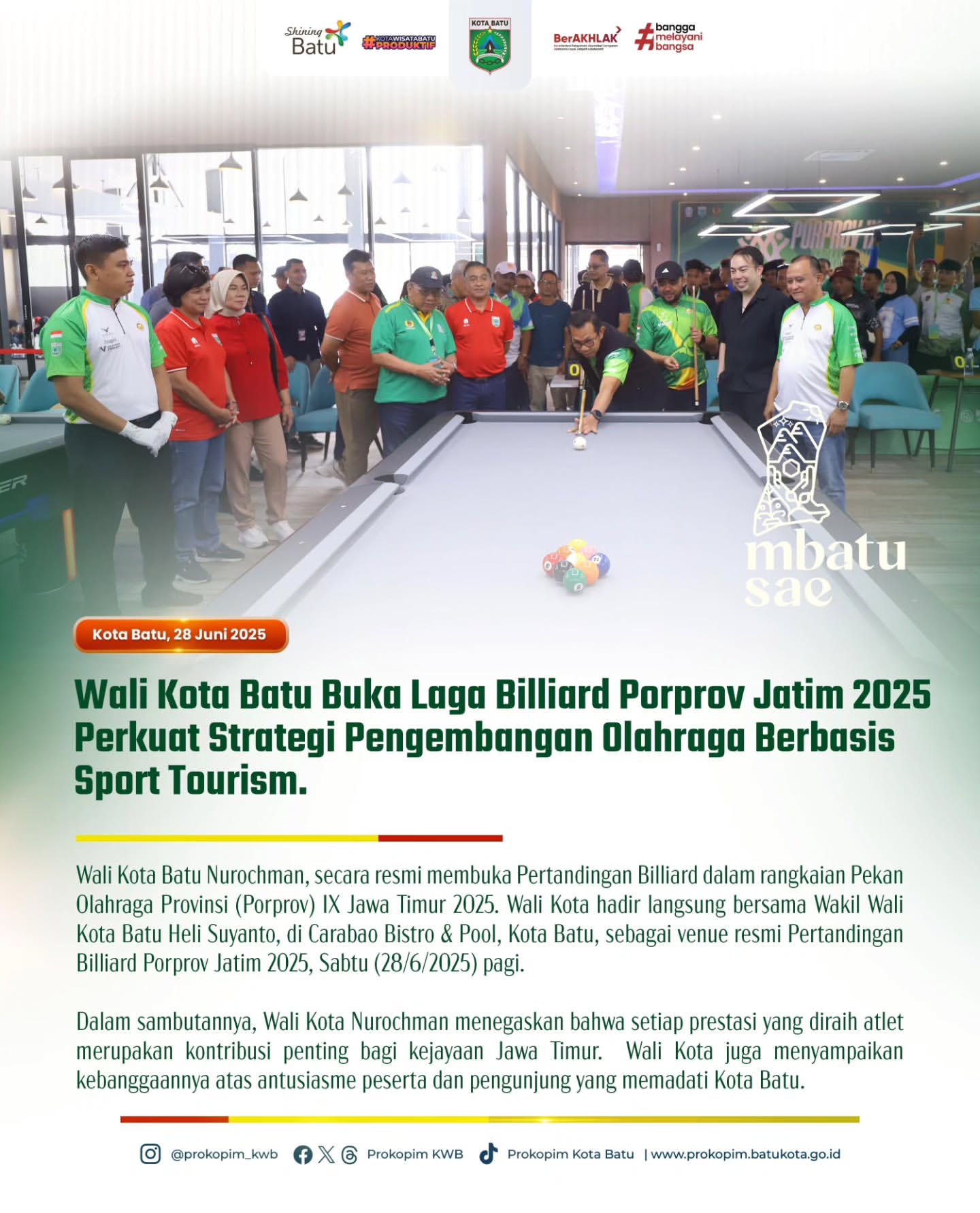 Wali Kota Batu Resmikan Pertandingan Billiard Porprov Jatim 2025