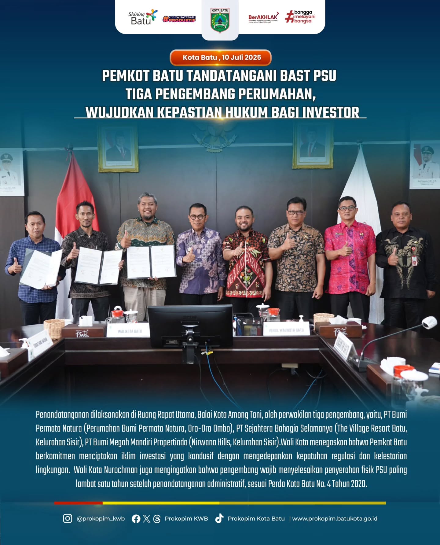 Pemkot Batu Tandatangani BAST PSU Tiga Pengembang Perumahan untuk Pastikan Investasi