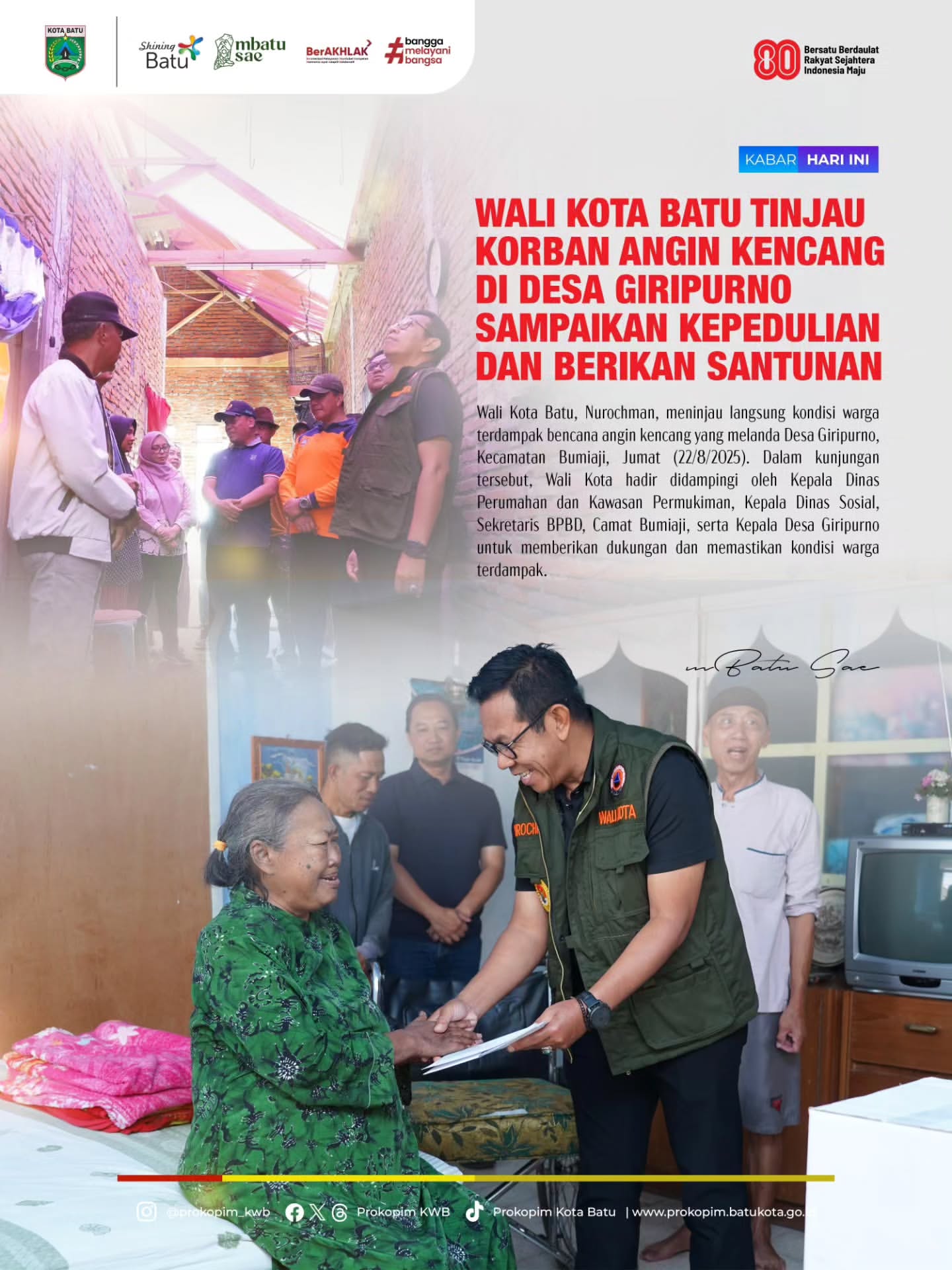 Wali Kota Batu Tinjau Korban Angin Kencang dan Berikan Bantuan kepada Warga Desa Giripurno