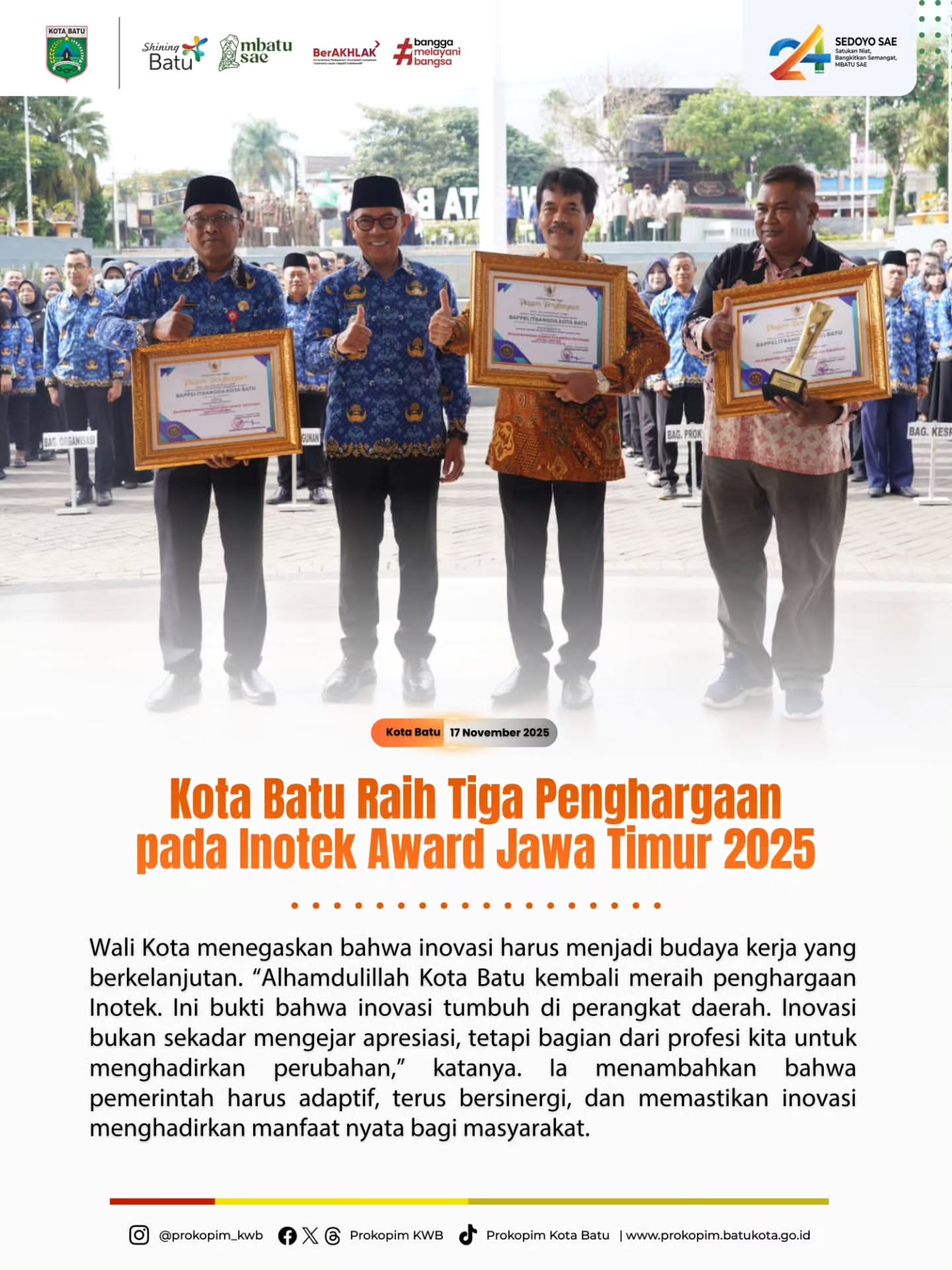 Kota Batu Raih Tiga Penghargaan Bergengsi di Inotek Award Jawa Timur 2025