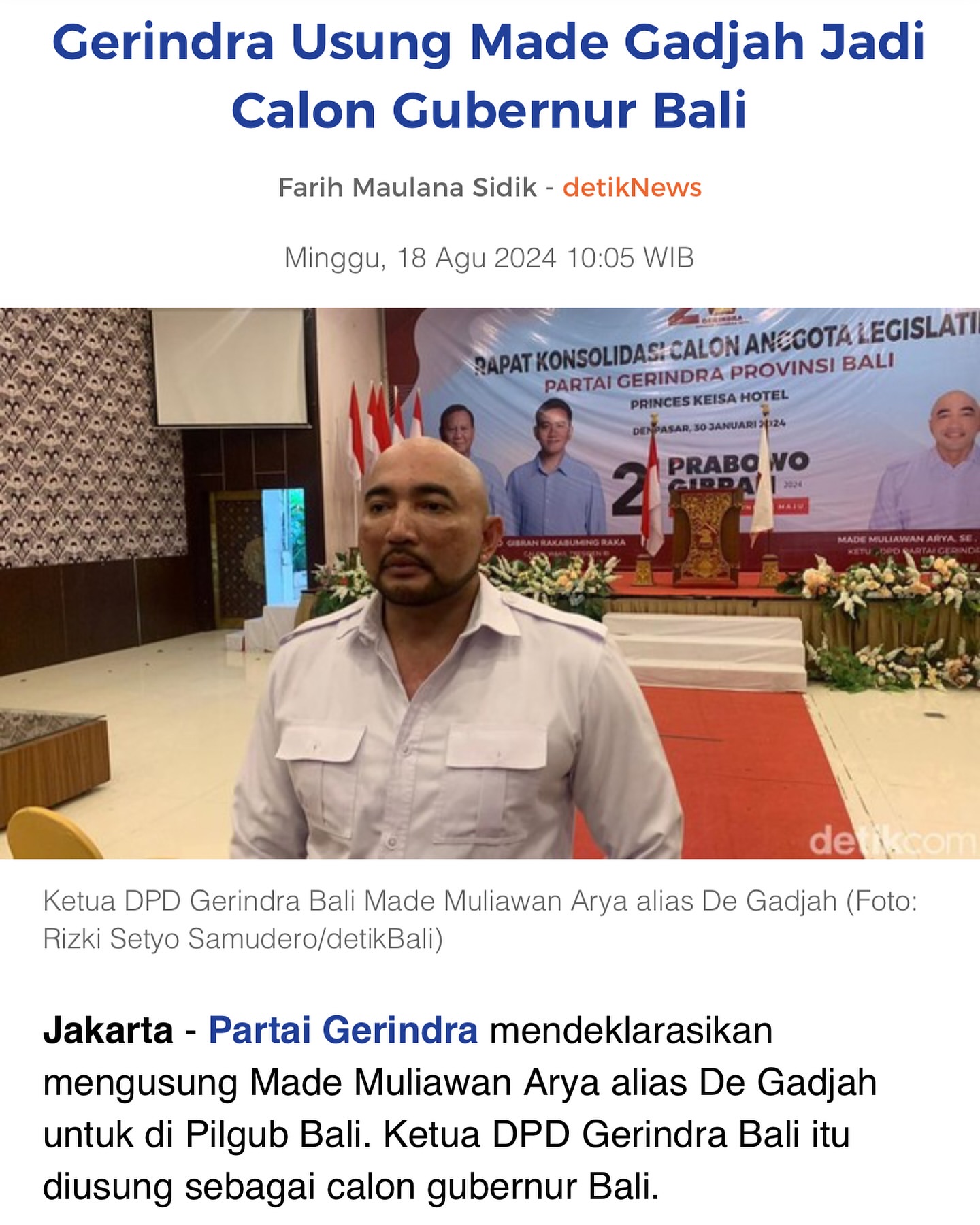 Partai Gerindra Usung Made Gadjah sebagai Calon Gubernur Bali